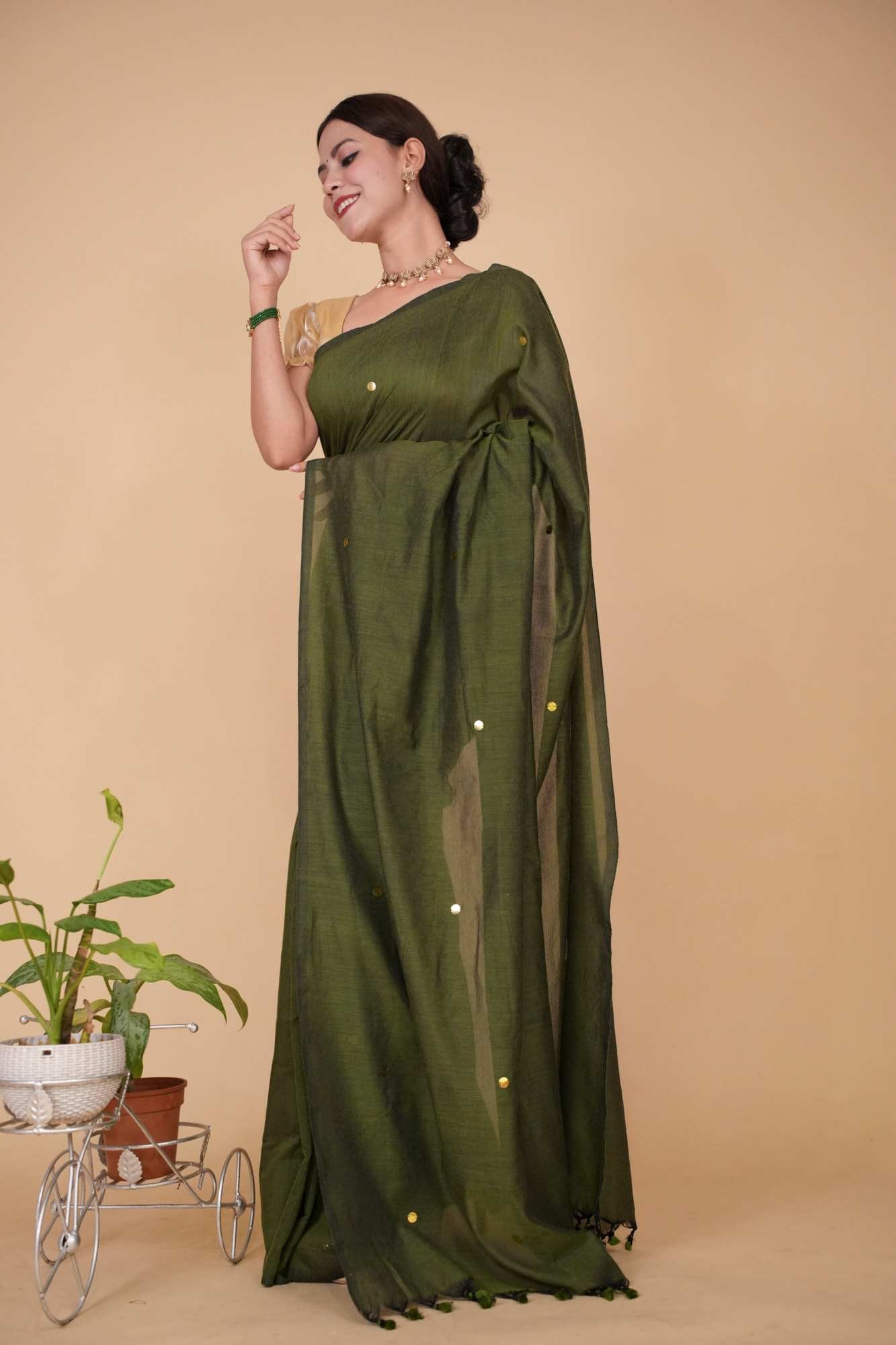 Prestitched Khadi Cotton Handloom With  overall tiki & Tassels on Pallu  Wrap in 1 minute Saree