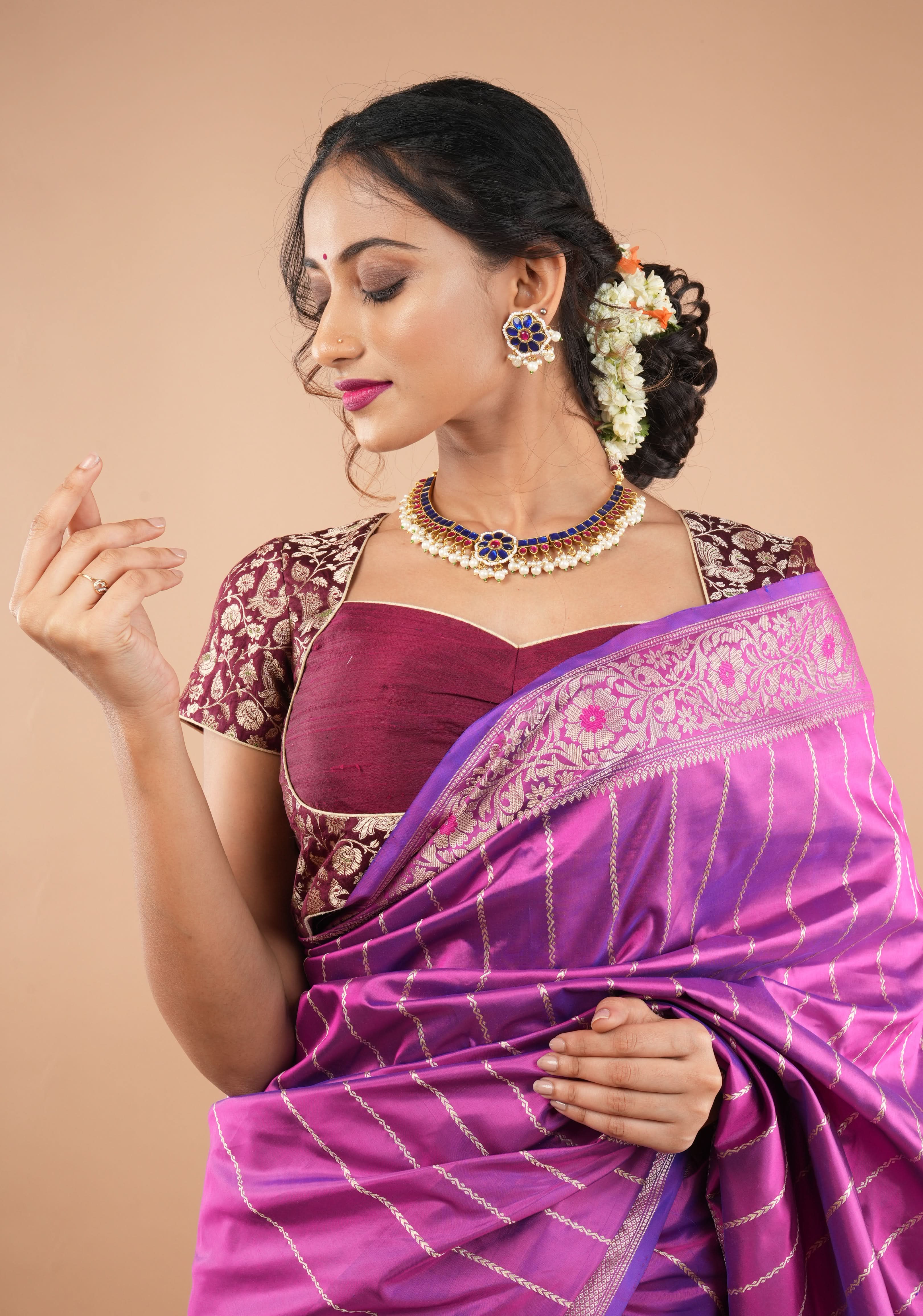 Blue and Pink Stone Jadau Necklace and Earring Set | SHOBITAM
