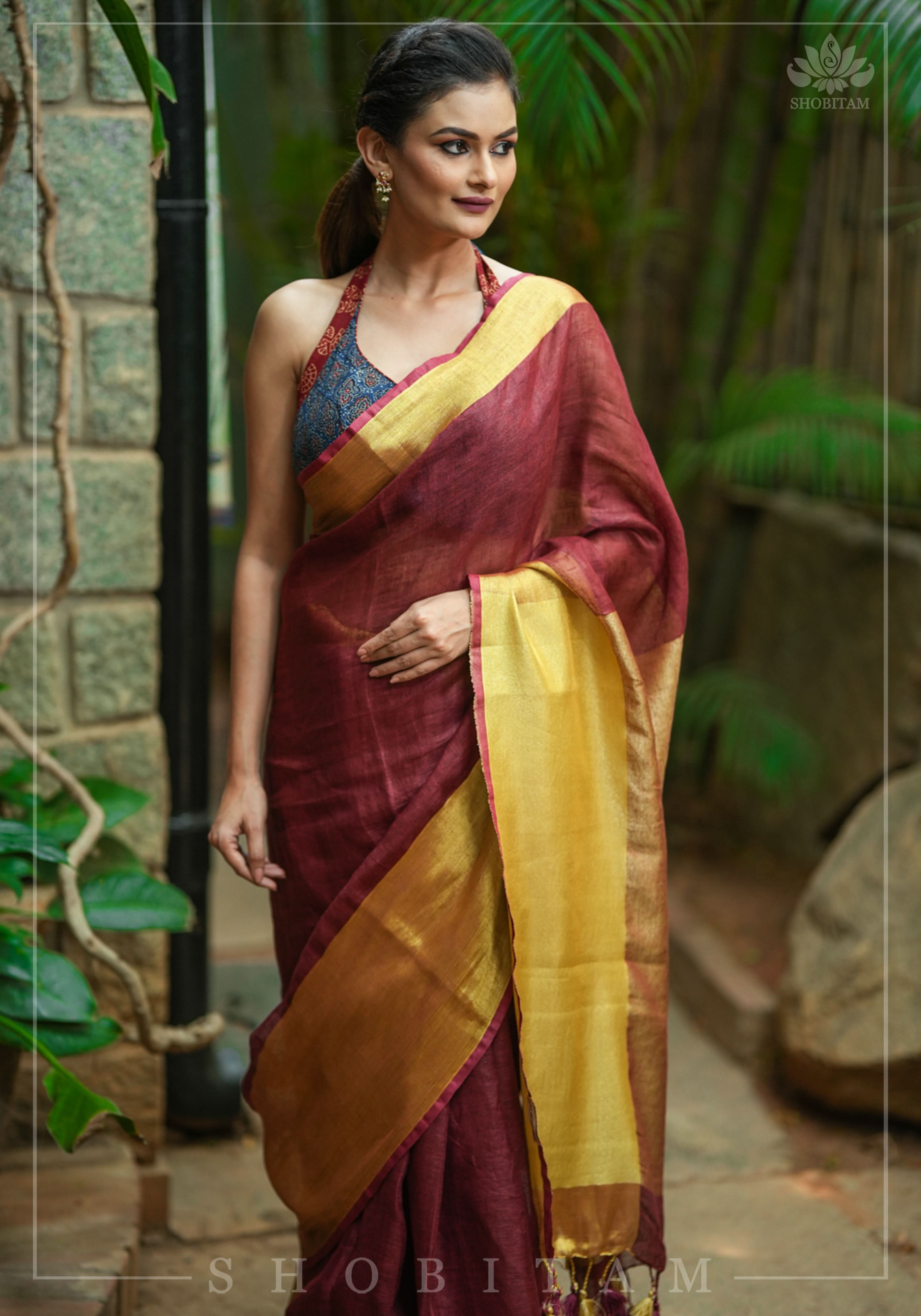 Wide Antique Golden Border Linen by Linen Saree in Maroon | Shobitam