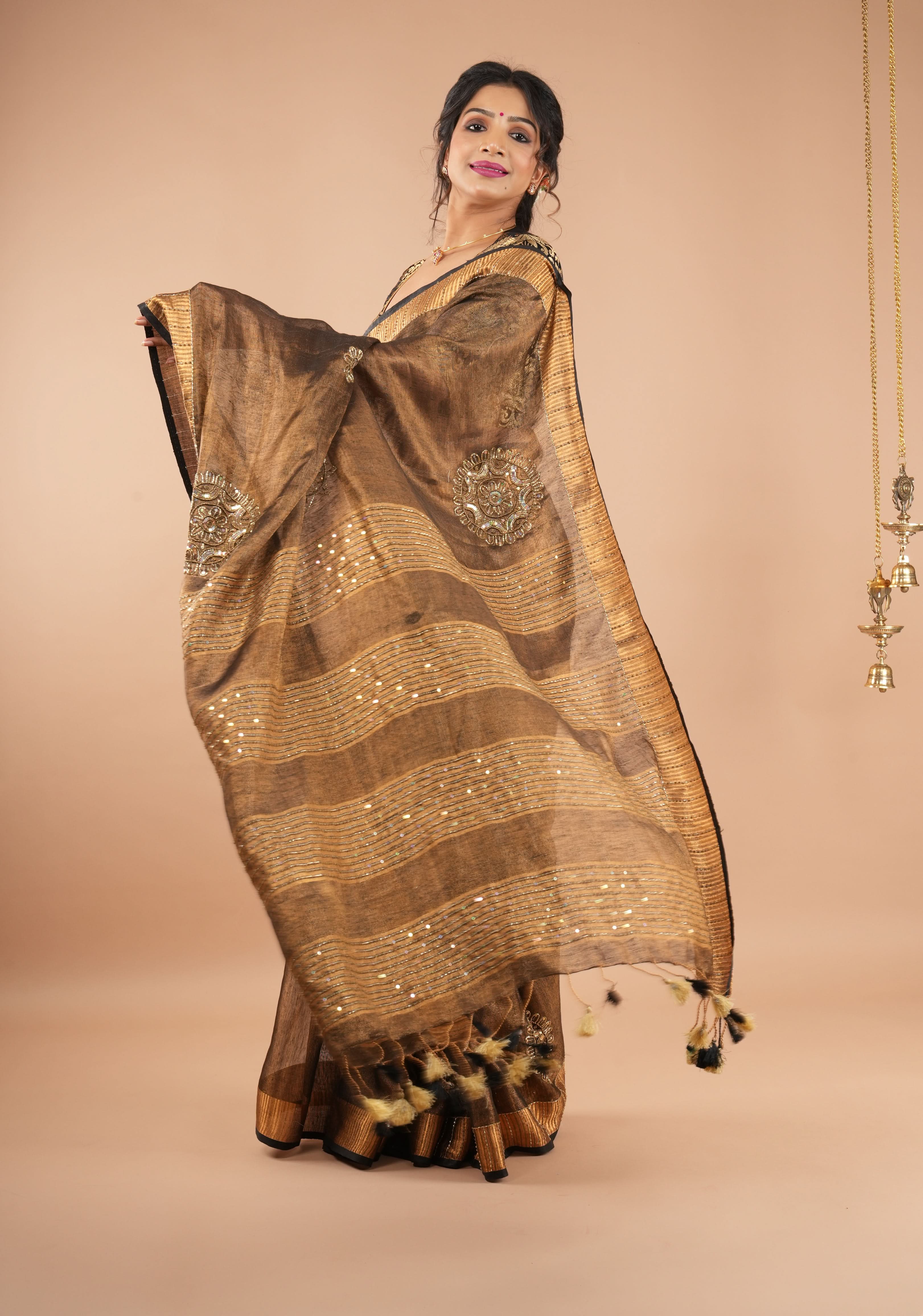 Embroidery cut dana with seqins Work Tissue Linen Saree in copper black with dramatic work Pallu | Shobitam