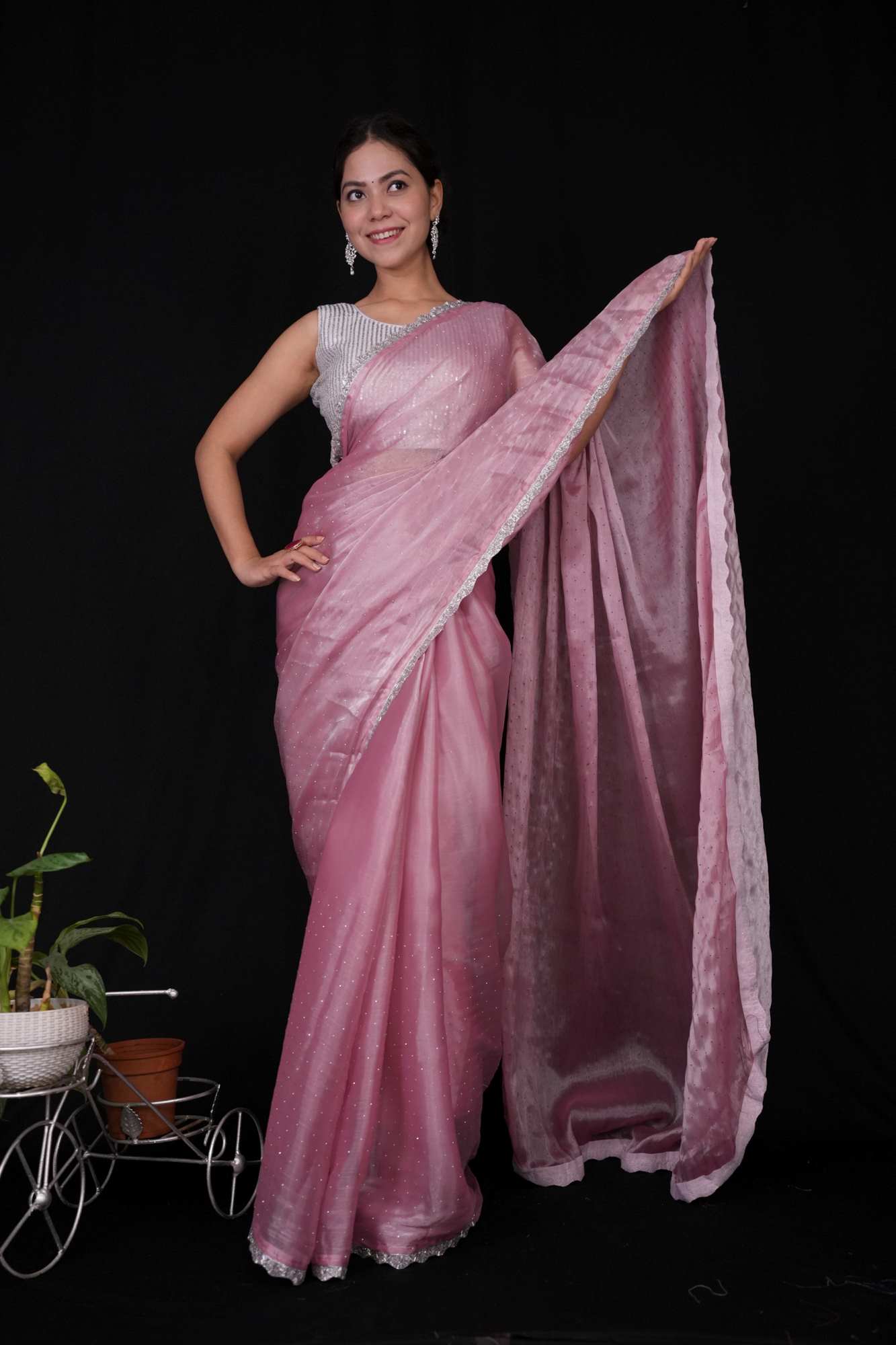 Premium Jimmy choo silk with silver lace border and stone embellishments all over Predraped Ready to Wear Saree