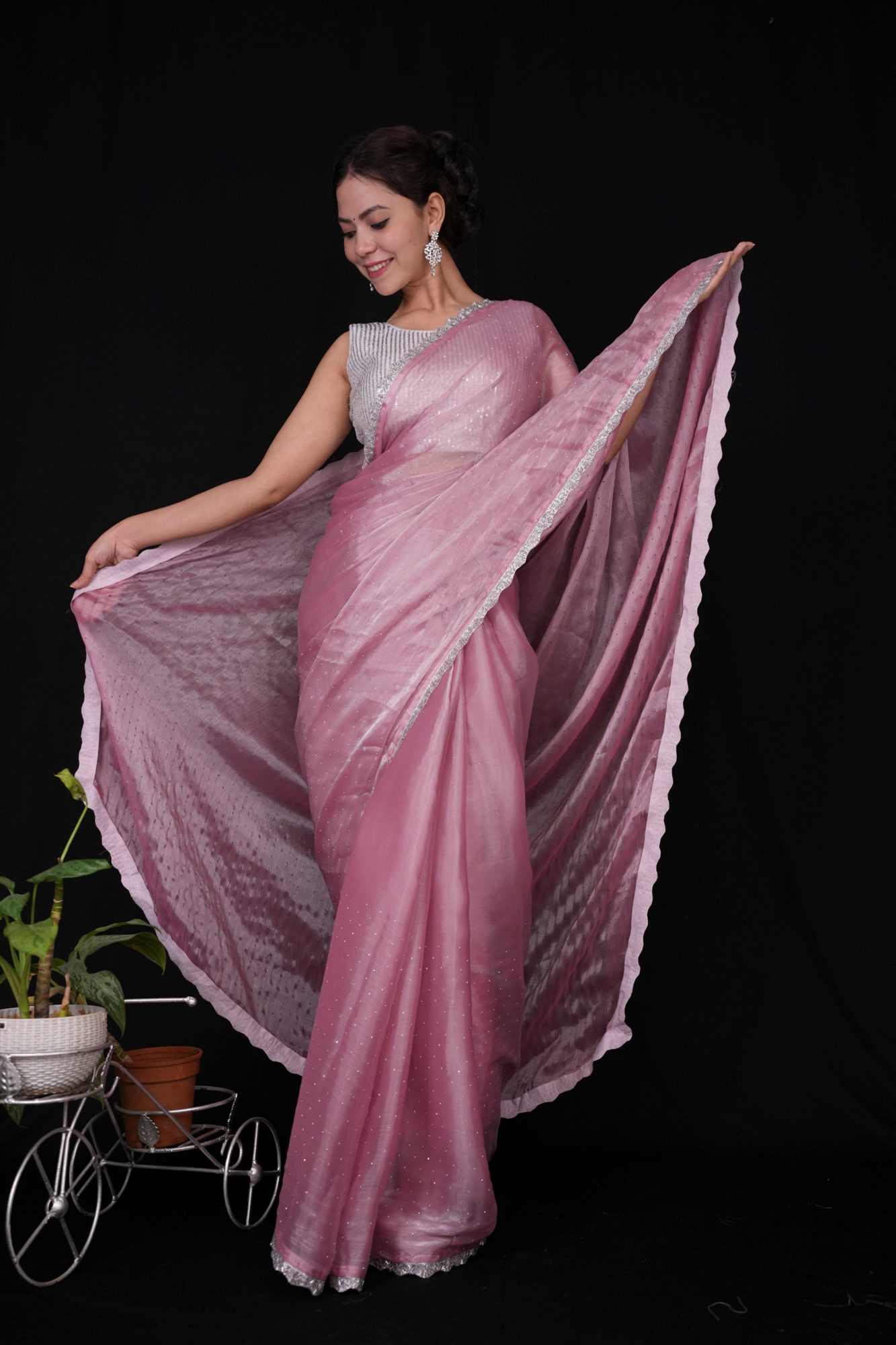 Premium Jimmy choo silk with silver lace border and stone embellishments all over Predraped Ready to Wear Saree