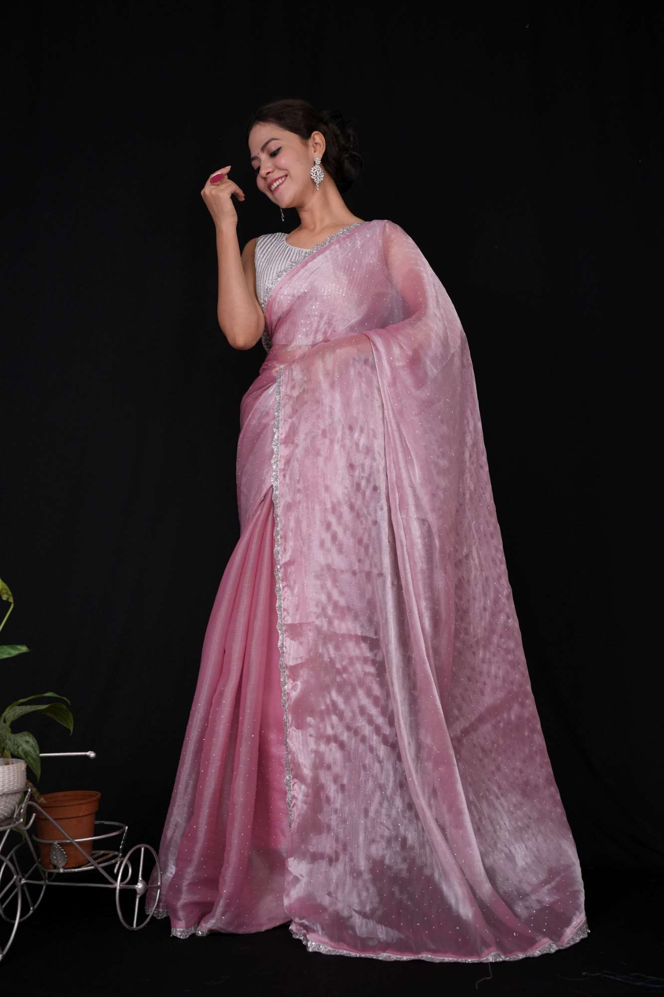 Premium Jimmy choo silk with silver lace border and stone embellishments all over Predraped Ready to Wear Saree