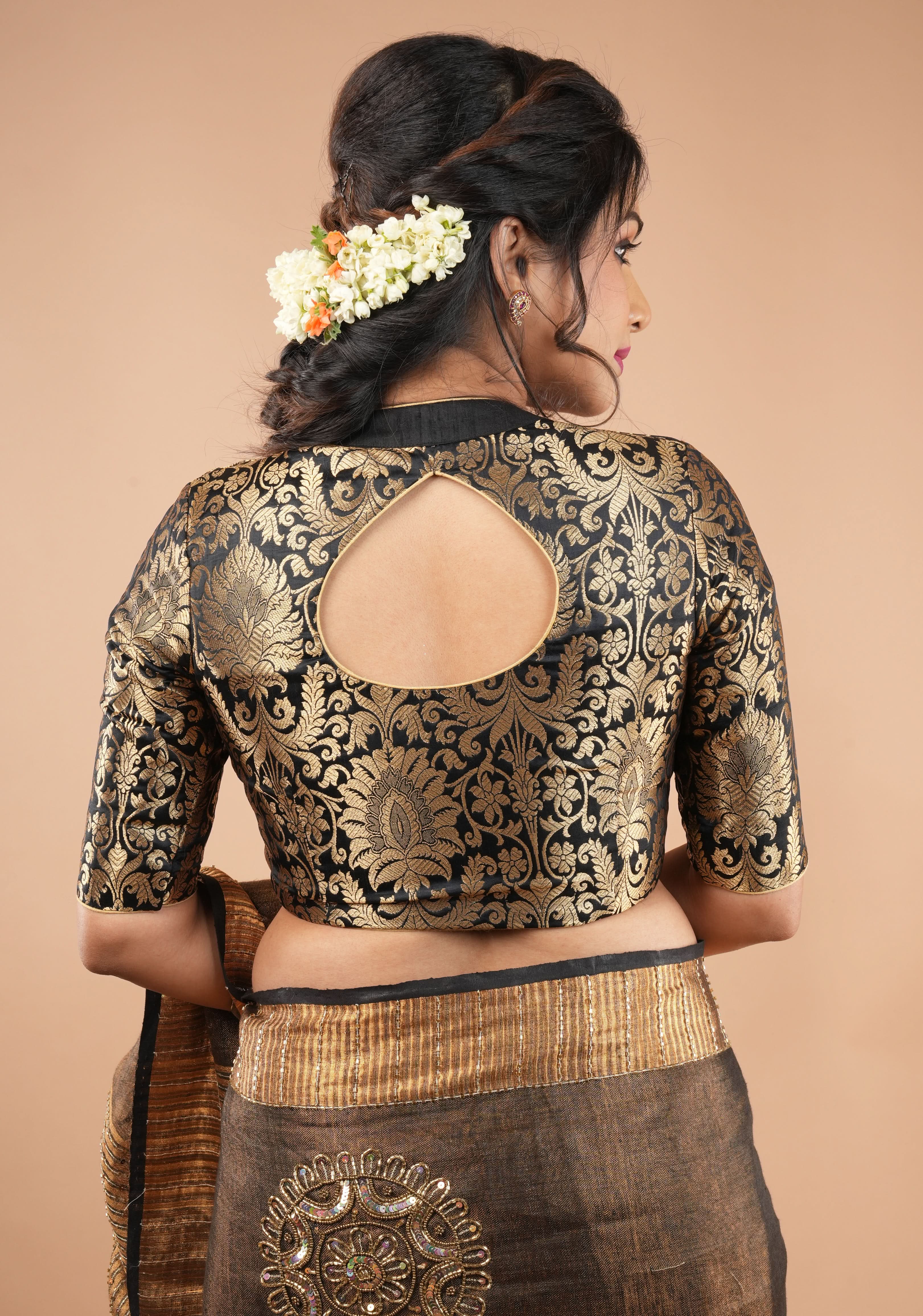Paan Neck Black Banarasi Brocade Blouse | Shobitam