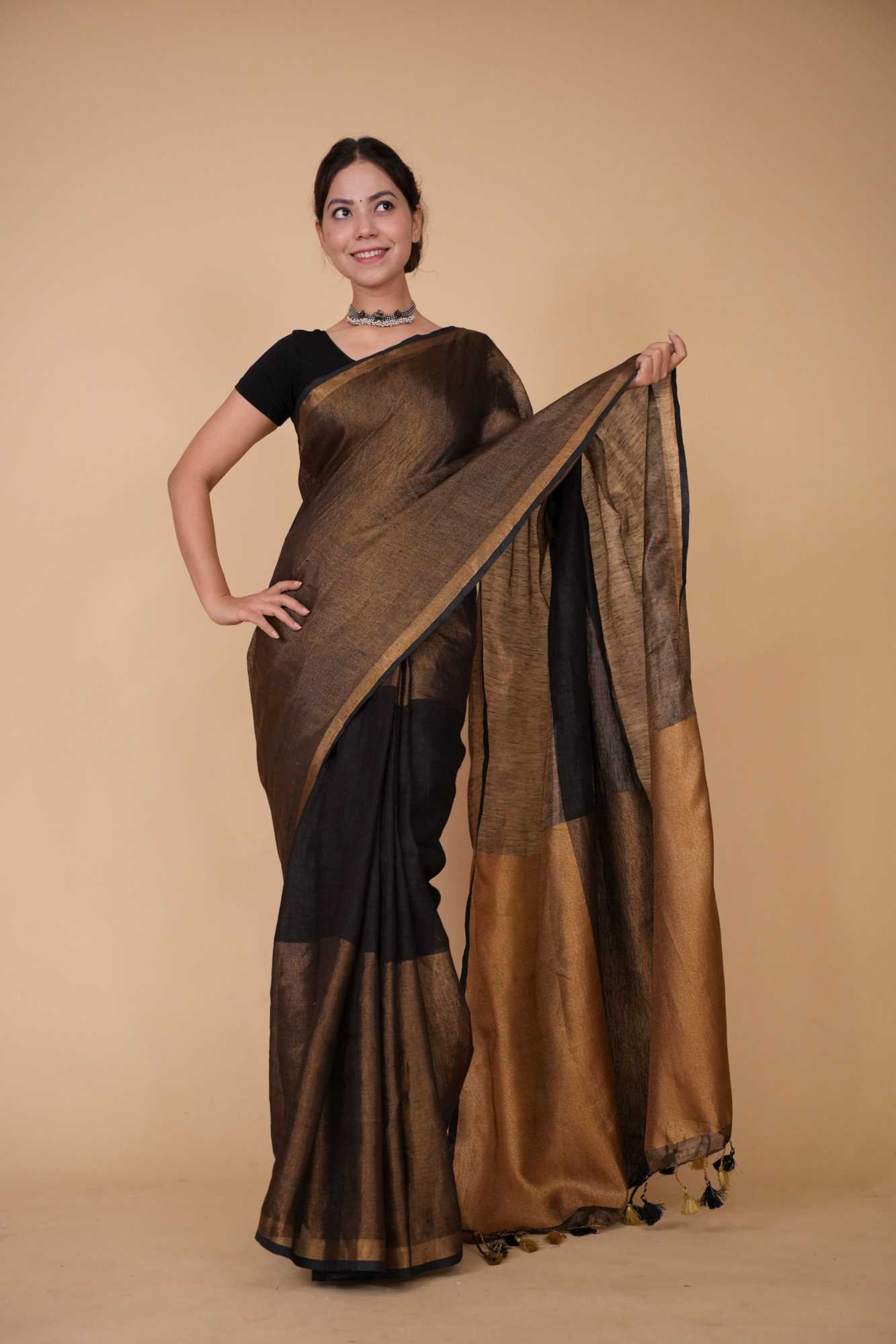 Premium Handloom Bhagalpuri Linen Silk With Tassels on Pallu Wrap In One Minute saree