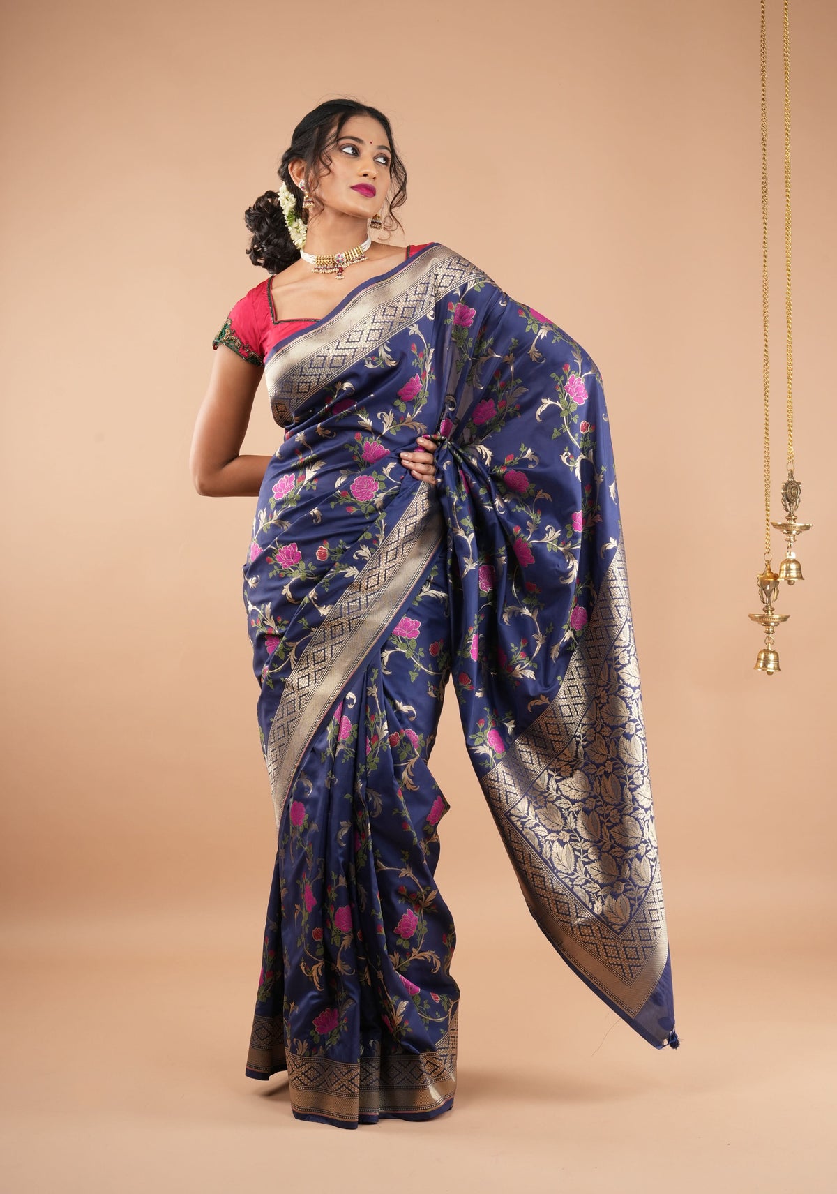 Space Cadet tone Exquisite Meenakari Rose Jaal Semi Silk Saree and zari border | SHOBITAM