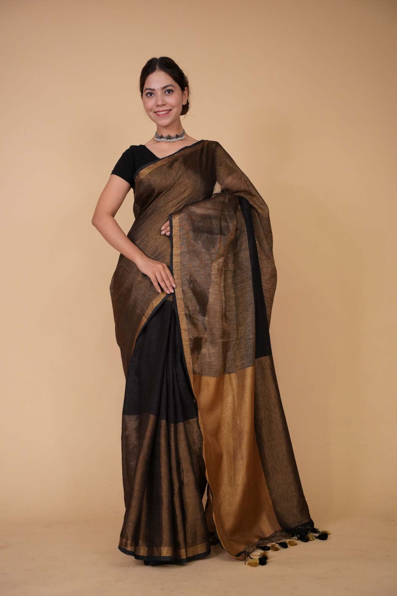 Premium Handloom Bhagalpuri Linen Silk With Tassels on Pallu Wrap In One Minute saree