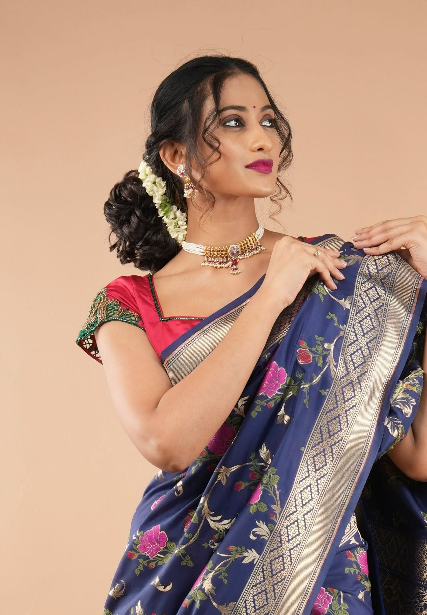 Silk Blouse with hand cutwork on cap sleeves and cutdana detailing, colors customizable | Shobitam
