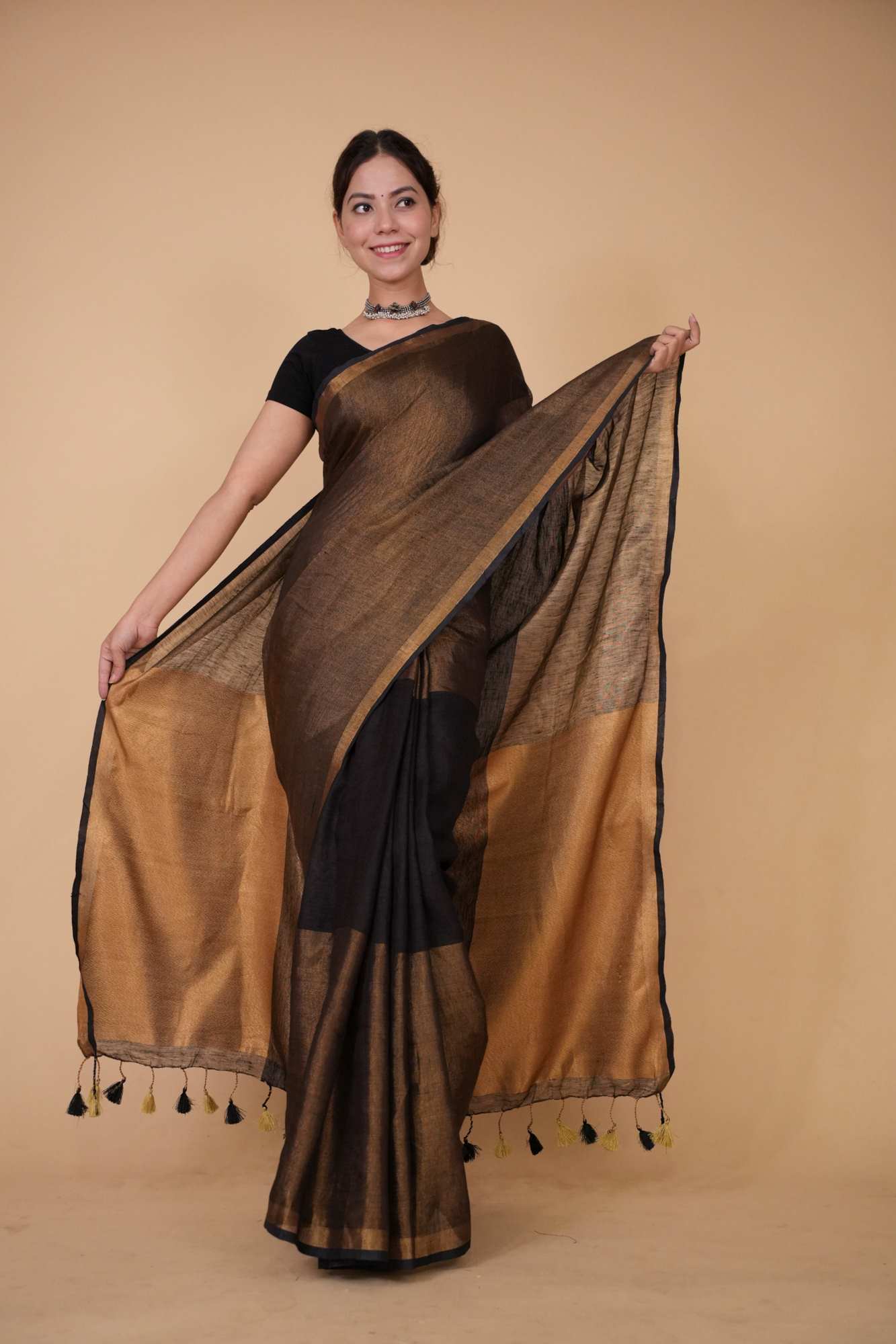 Premium Handloom Bhagalpuri Linen Silk With Tassels on Pallu Wrap In One Minute saree