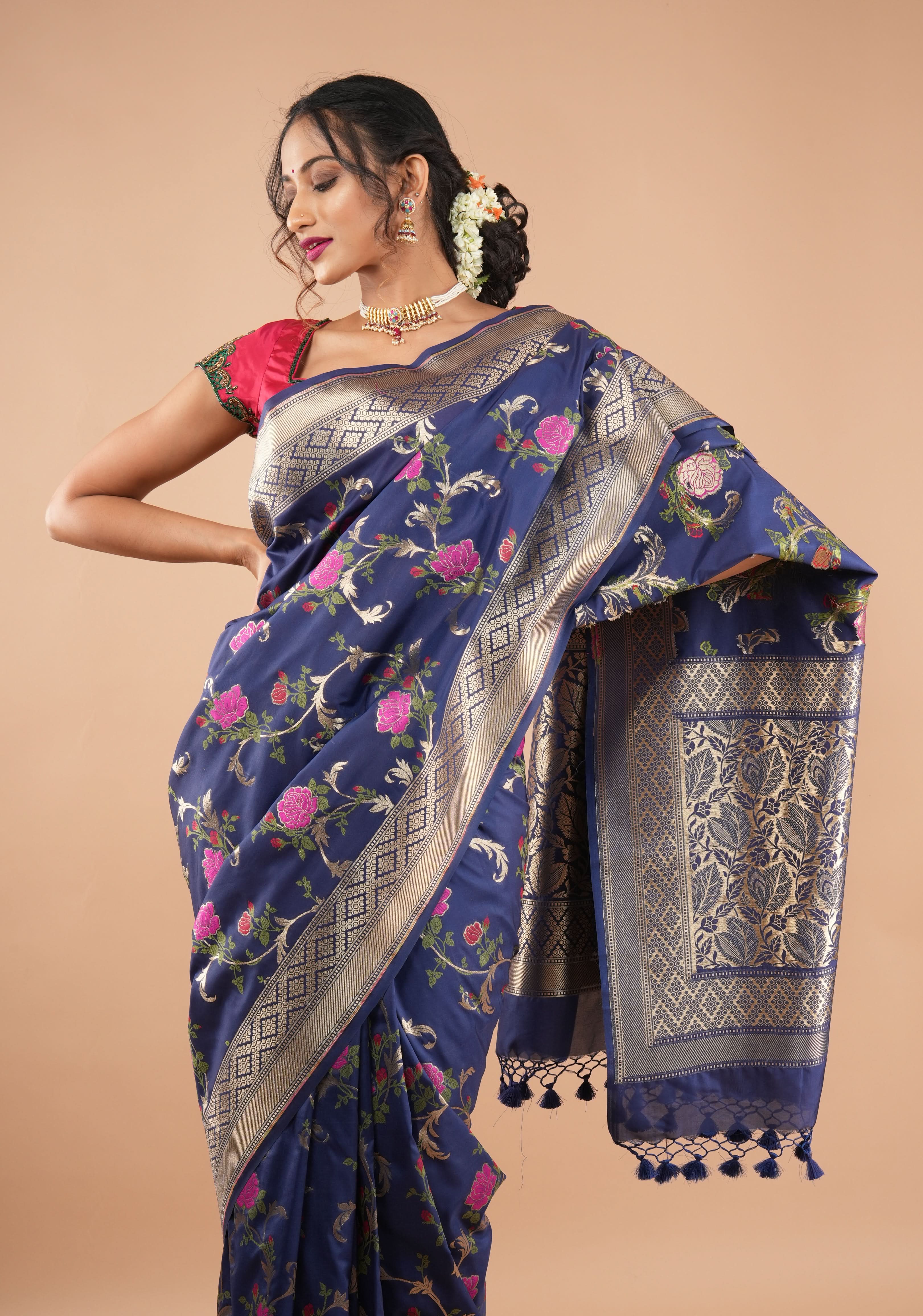 Space Cadet tone Exquisite Meenakari Rose Jaal Semi Silk Saree and zari border | Shobitam