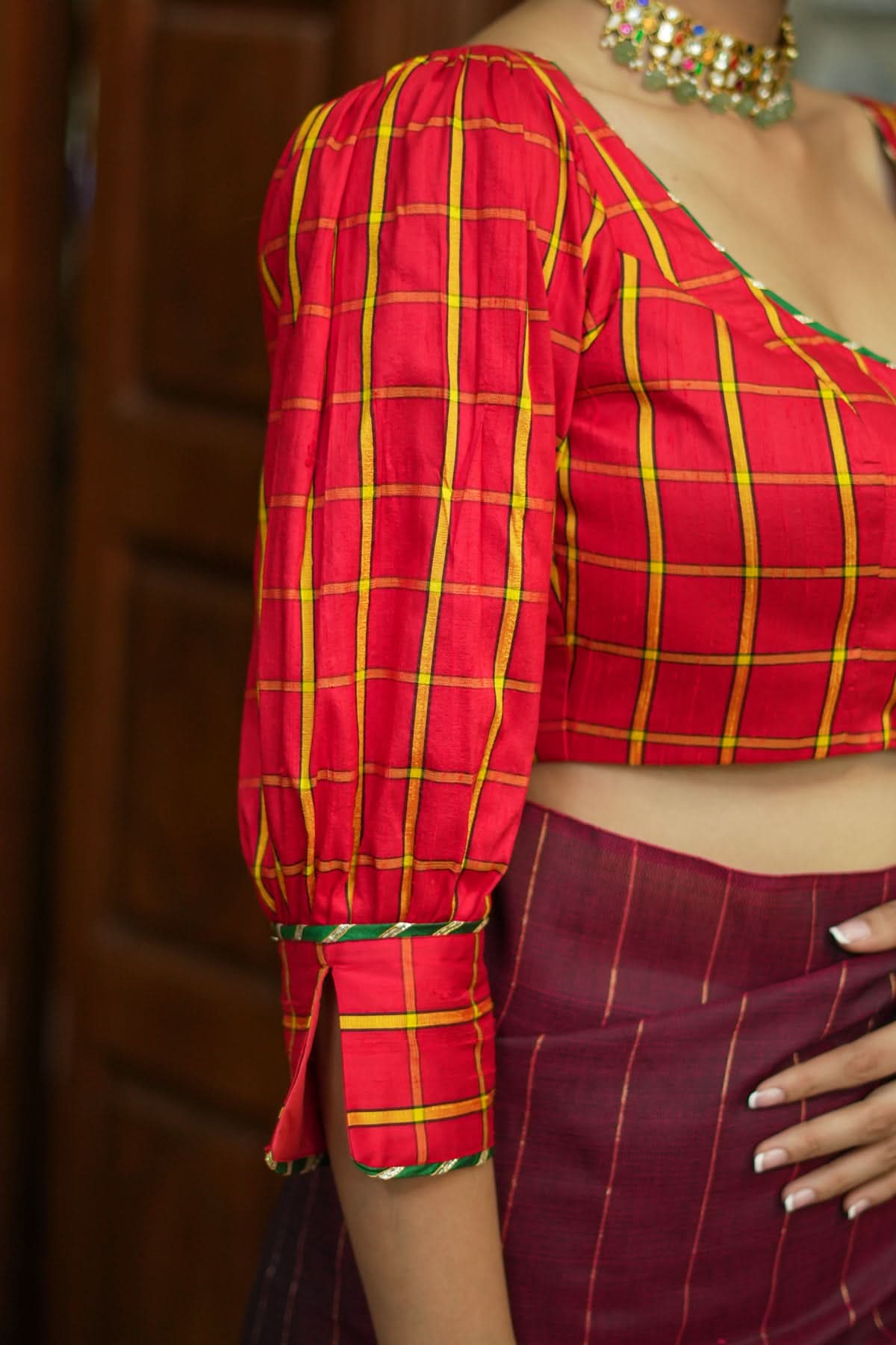 Red checked pure rawsilk u neck blouse with puff sleeves | Shobitam