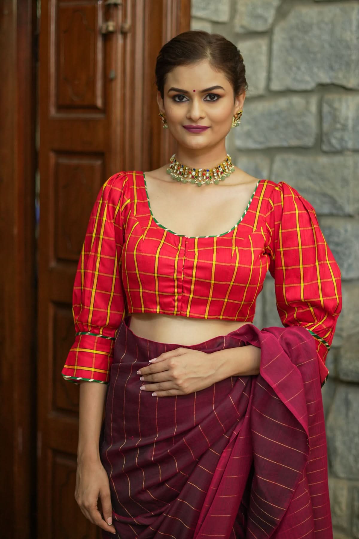 Red checked pure rawsilk u neck blouse with puff sleeves | Shobitam