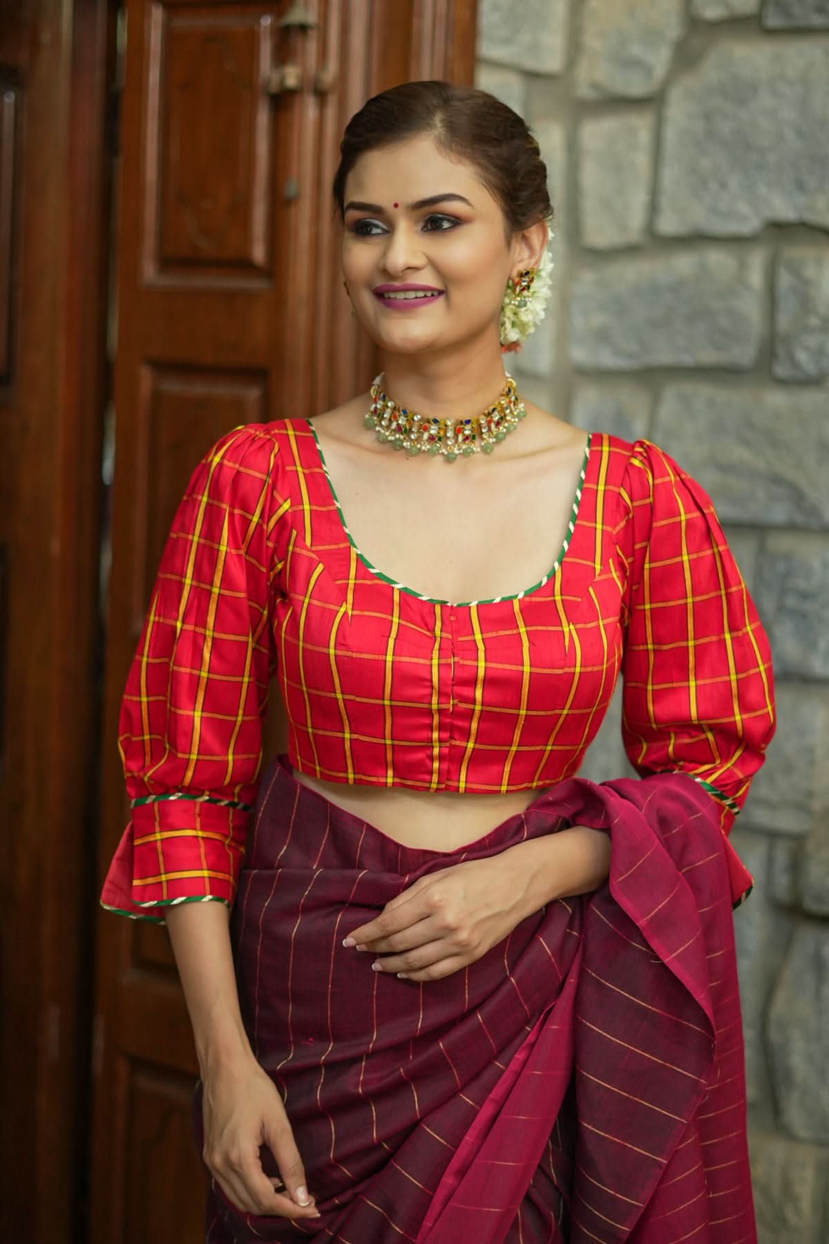 Red checked pure rawsilk u neck blouse with puff sleeves | Shobitam