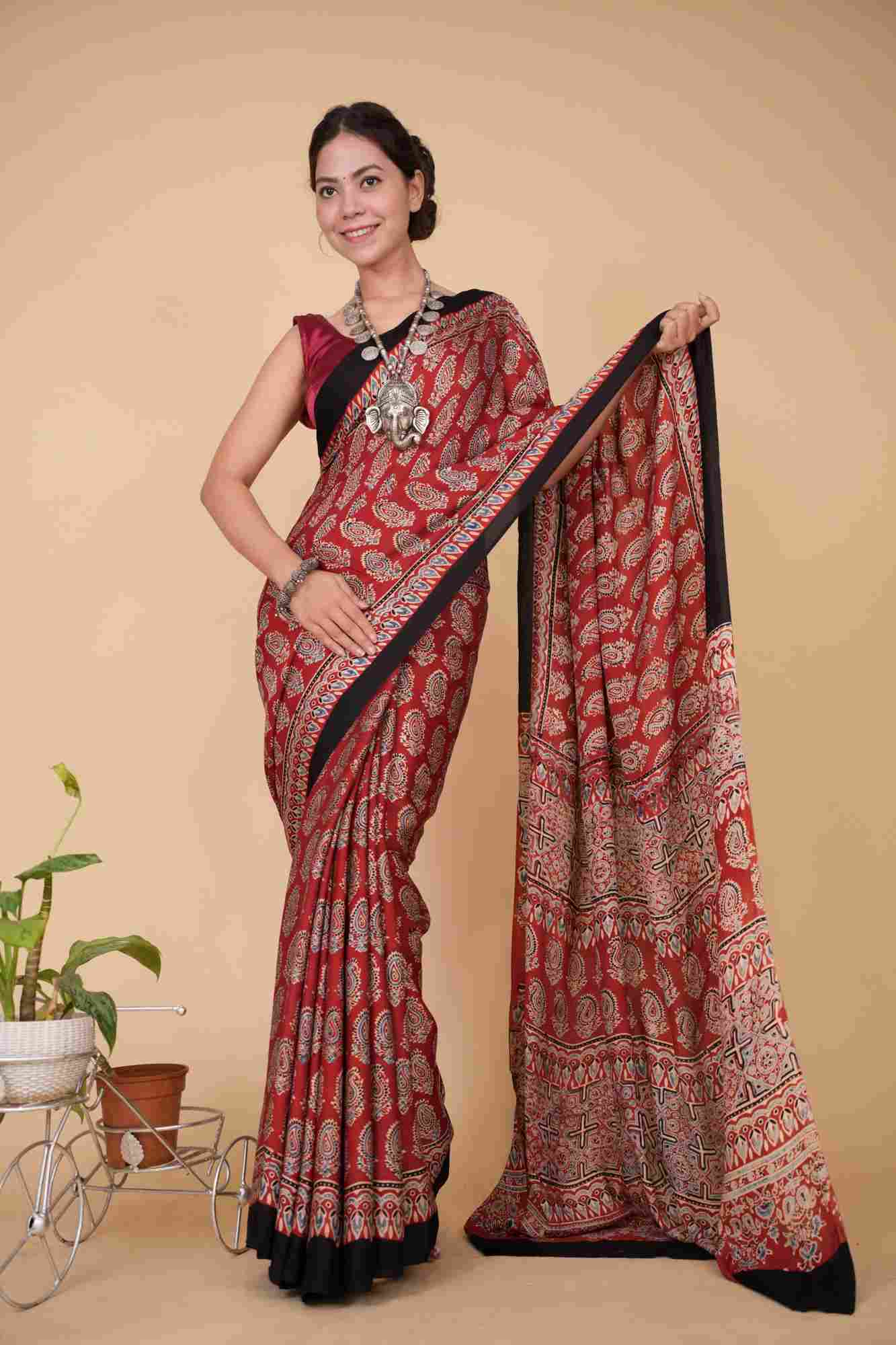 Modal Silk Overall Ajrakh Hand Block Printed With Black Solid Border Wrap In One Minute Saree