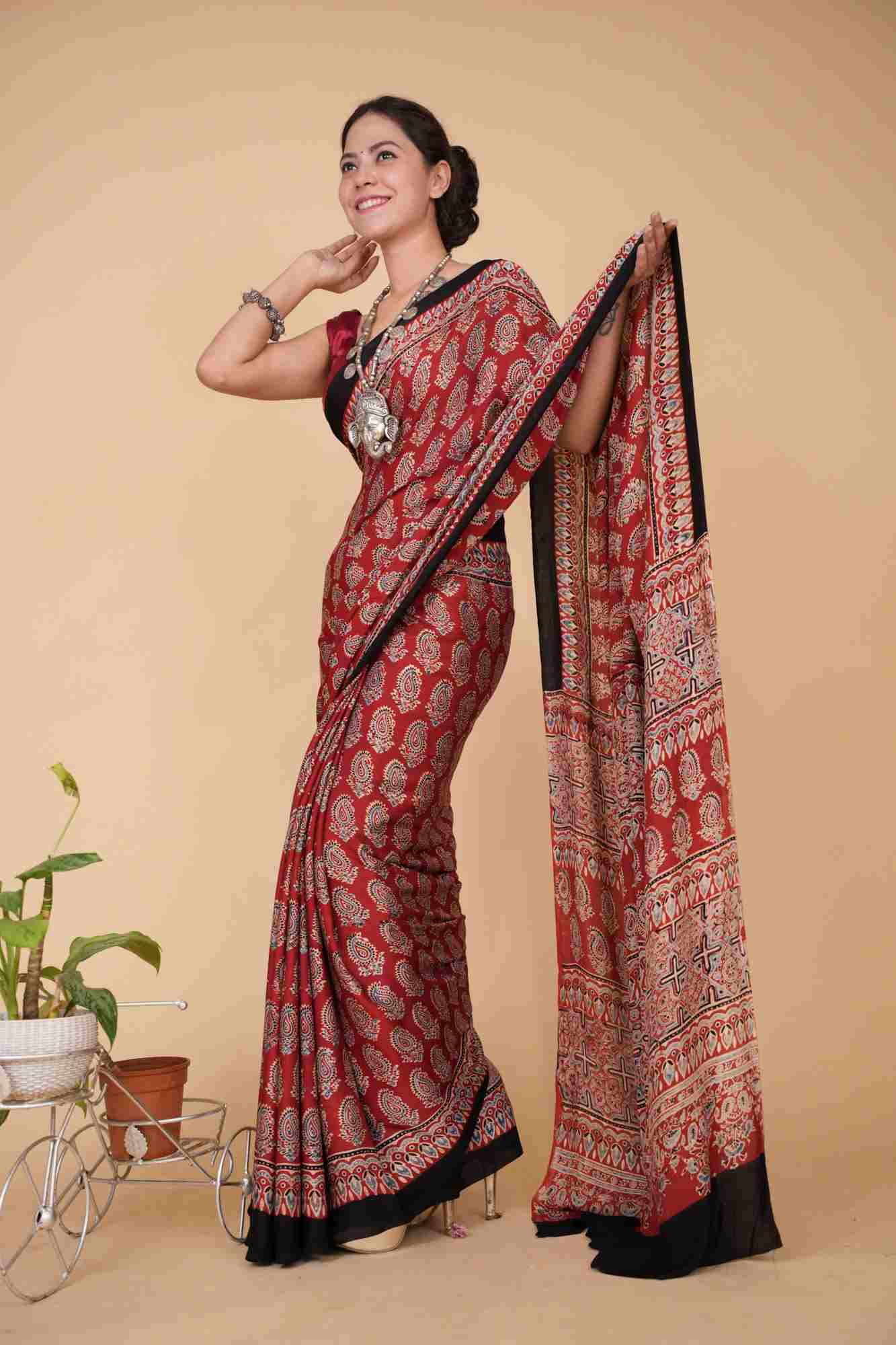 Modal Silk Overall Ajrakh Hand Block Printed With Black Solid Border Wrap In One Minute Saree