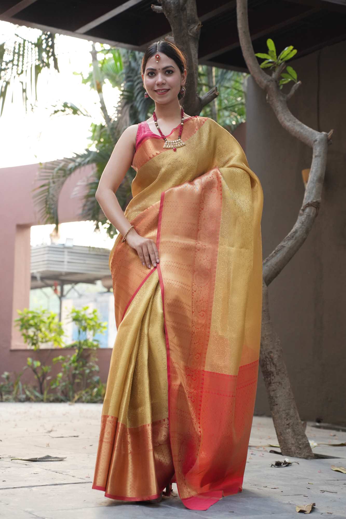 Wedding Kanjiavaram Beige Ready to Wear Saree with rich pallu