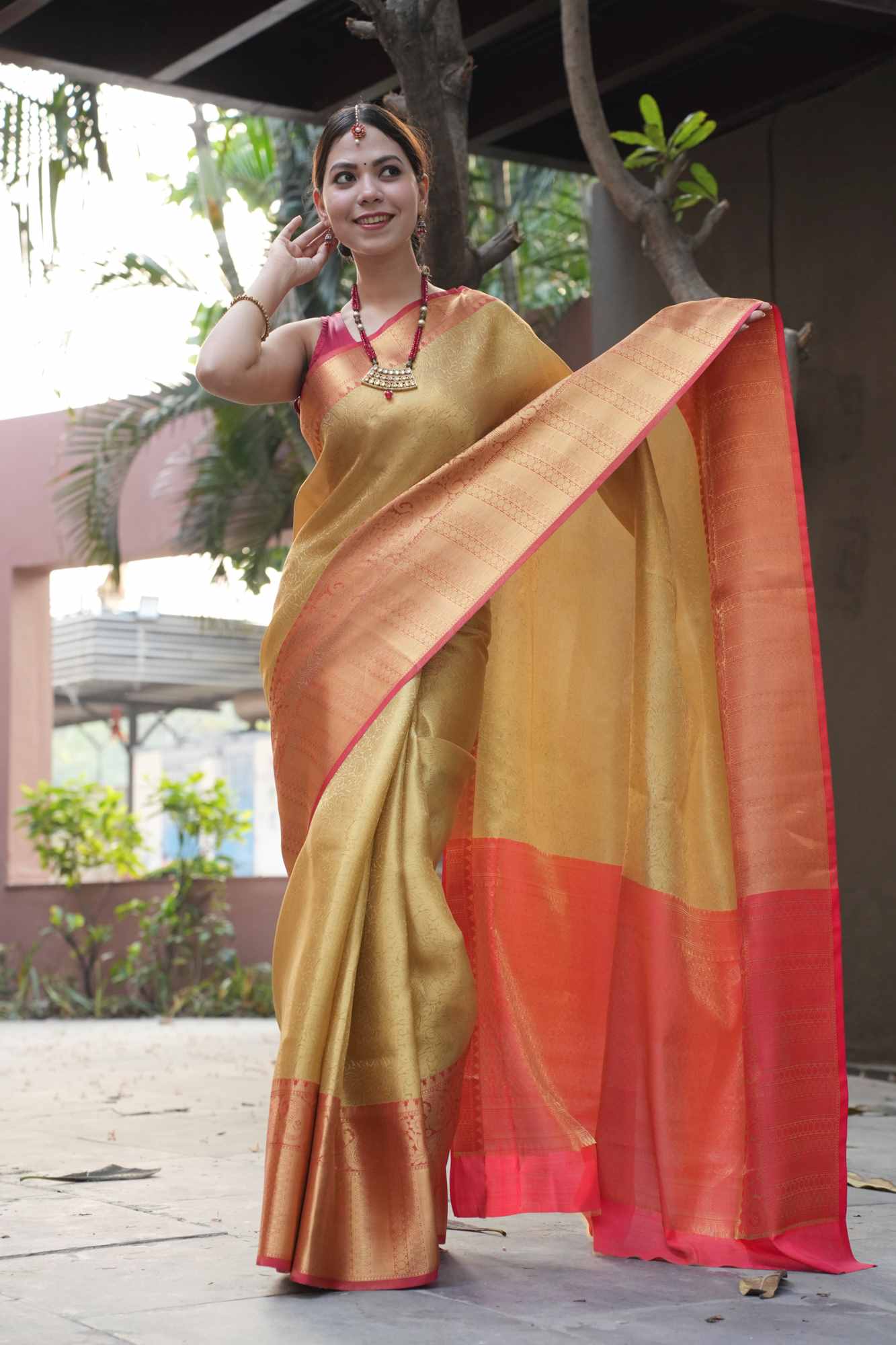 Wedding Kanjiavaram Beige Ready to Wear Saree with rich pallu