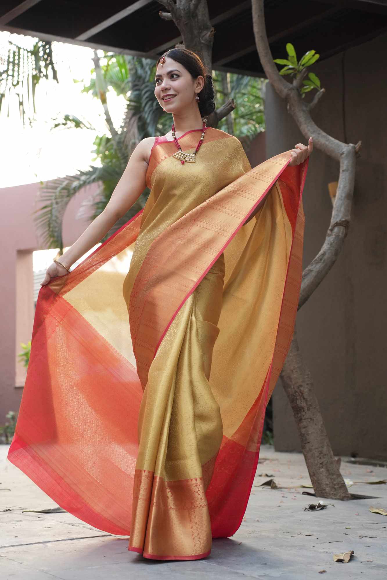 Wedding Kanjiavaram Beige Ready to Wear Saree with rich pallu