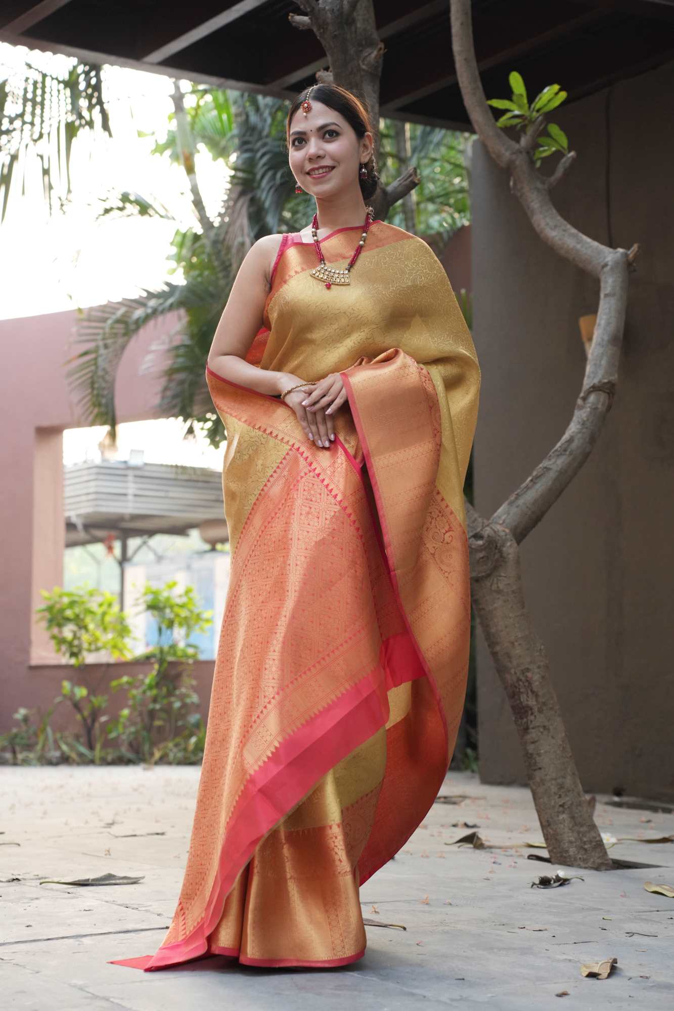 Wedding Kanjiavaram Beige Ready to Wear Saree with rich pallu