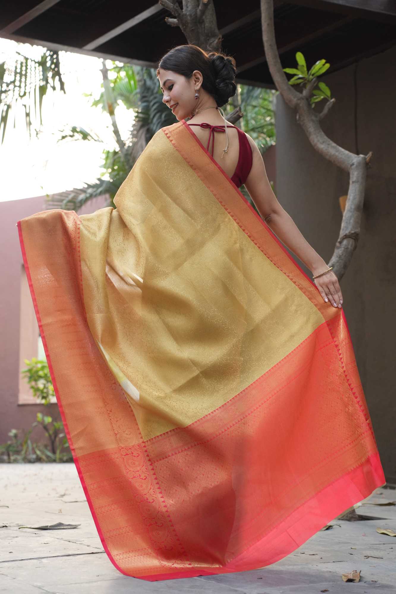 Wedding Kanjiavaram Beige Ready to Wear Saree with rich pallu