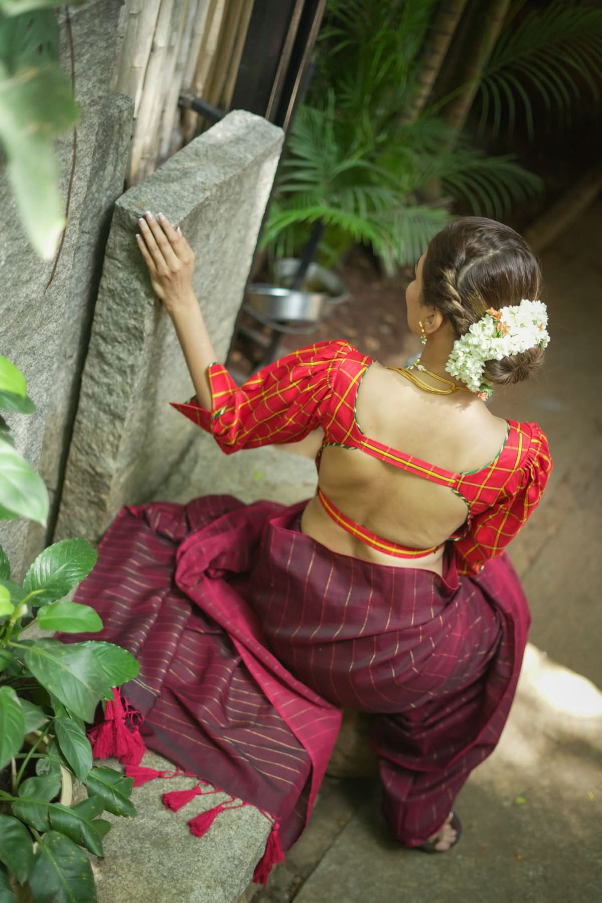 Red checked pure rawsilk u neck blouse with puff sleeves | Shobitam