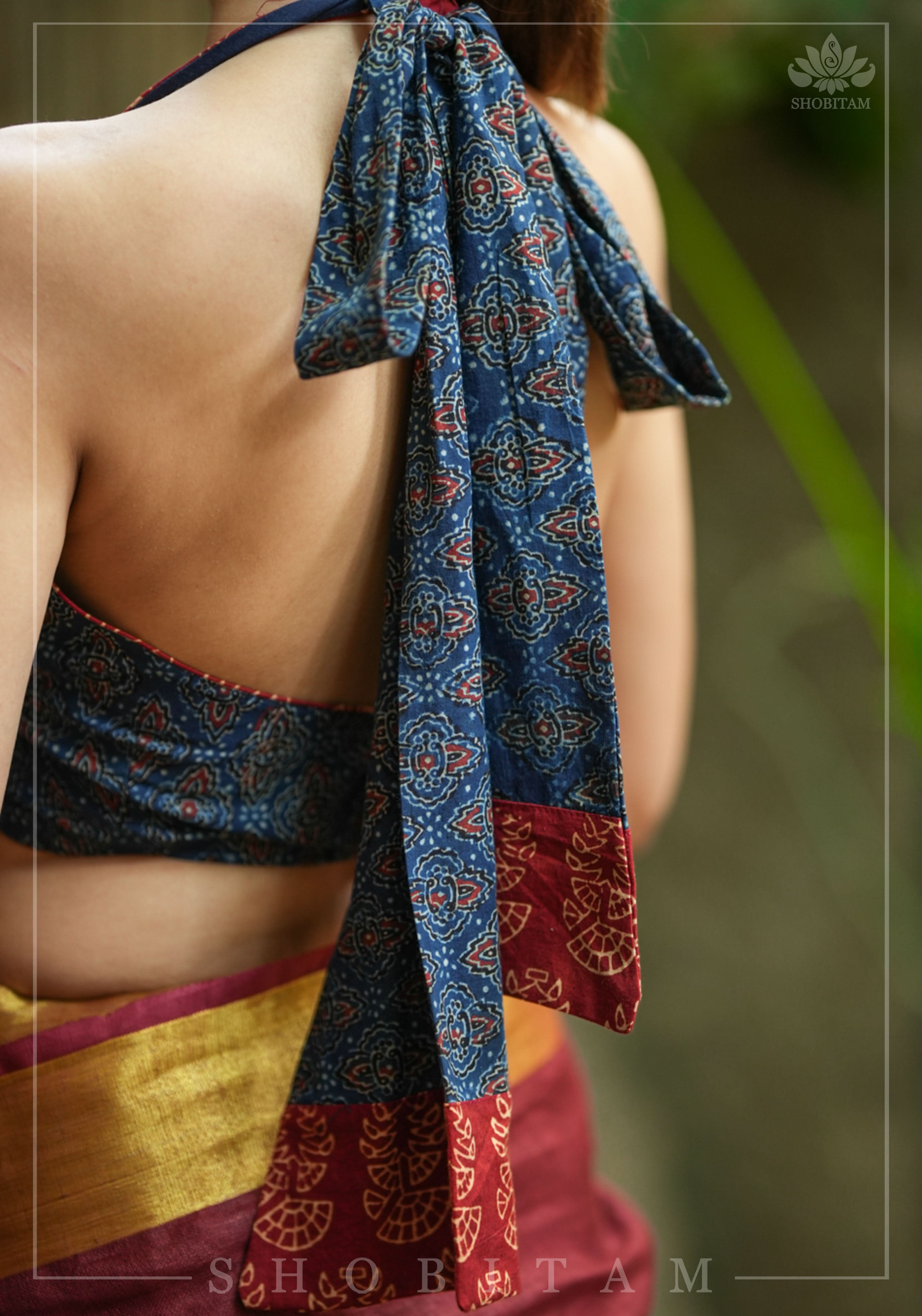 Halter Blouse in Indigo Ajrakh and maroon Sanganeri Hand Block Brint with extravagant tie back! | Shobitam