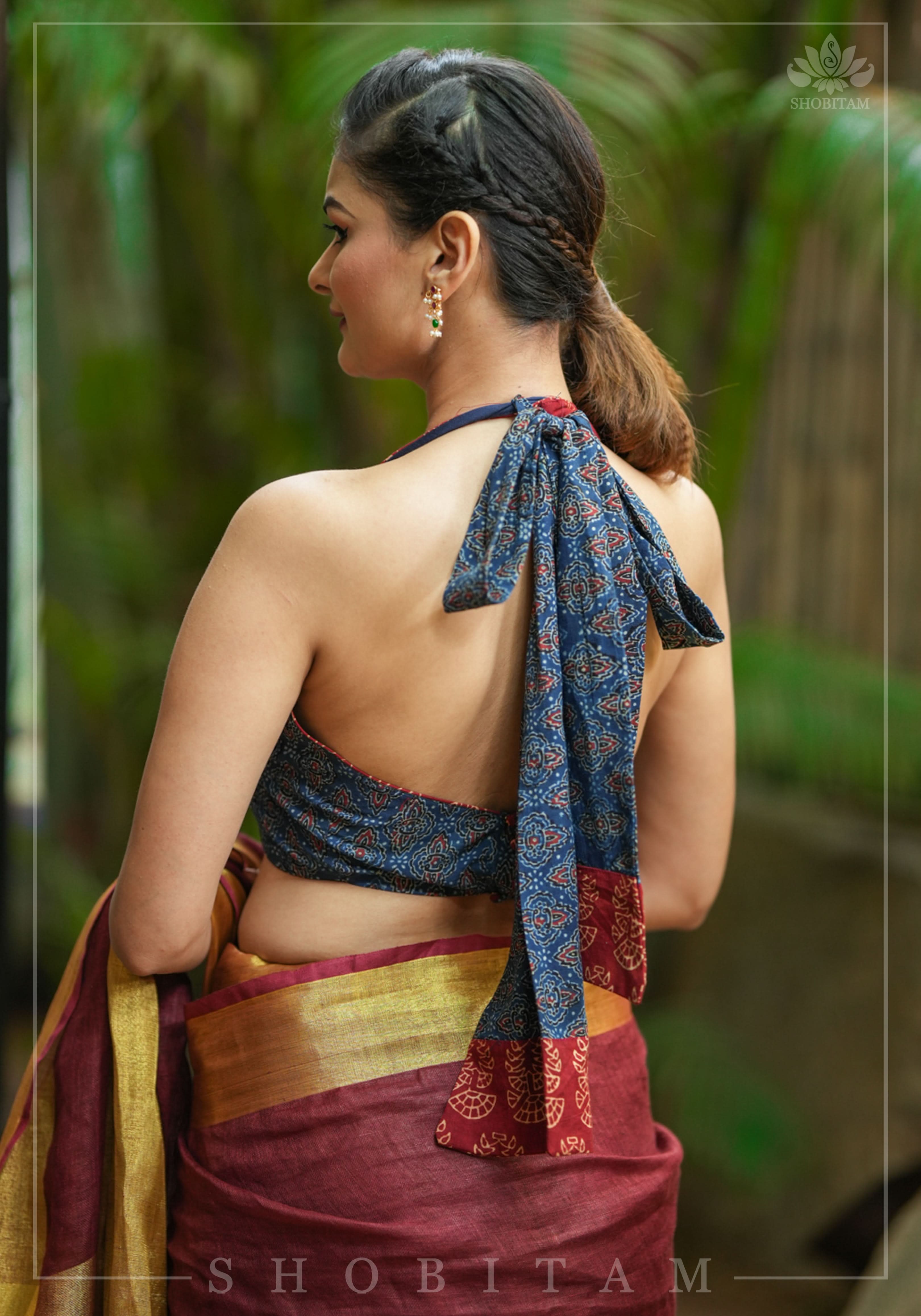 Halter Blouse in Indigo Ajrakh and maroon Sanganeri Hand Block Brint with extravagant tie back! | Shobitam