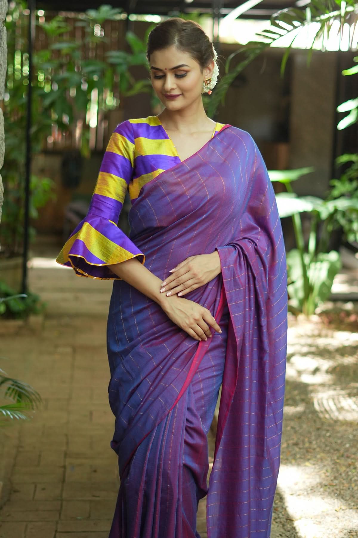 Reversible Maheshwari Saree in Mercerised Cotton with Extra Long tassles in Purple, no blouse Piece | Shobitam