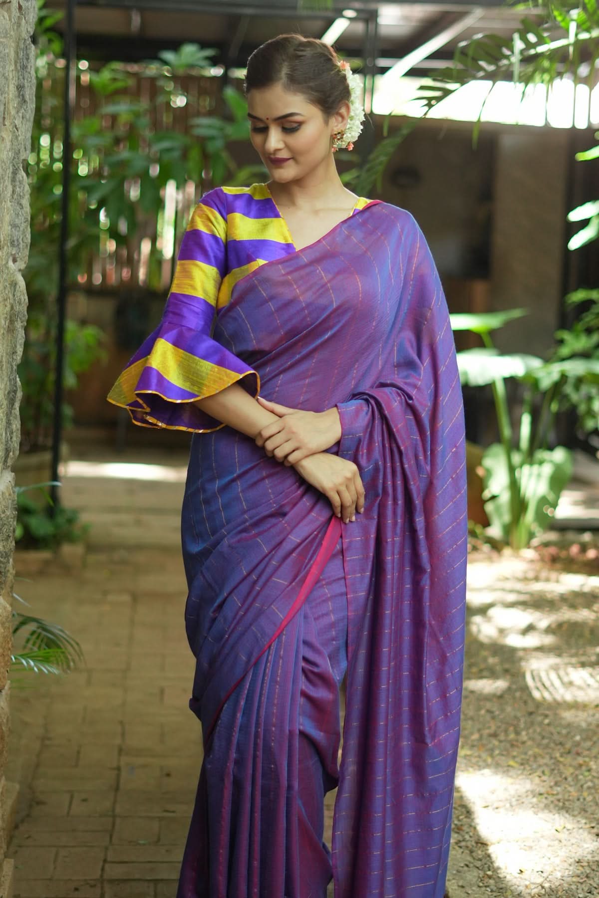 Reversible Maheshwari Saree in Mercerised Cotton with Extra Long tassles in Purple, no blouse Piece | Shobitam