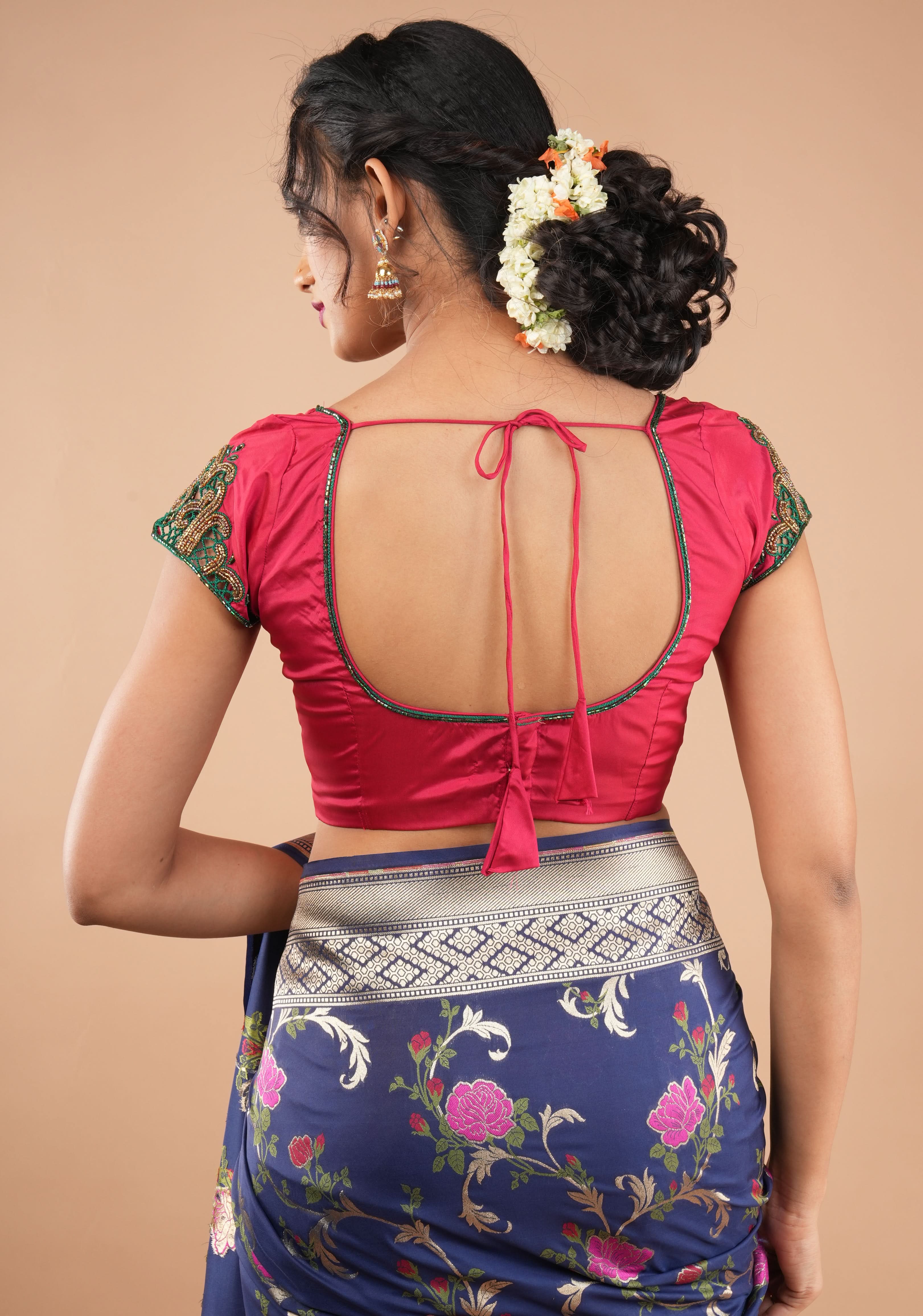 Silk Blouse with hand cutwork on cap sleeves and cutdana detailing, colors customizable | Shobitam