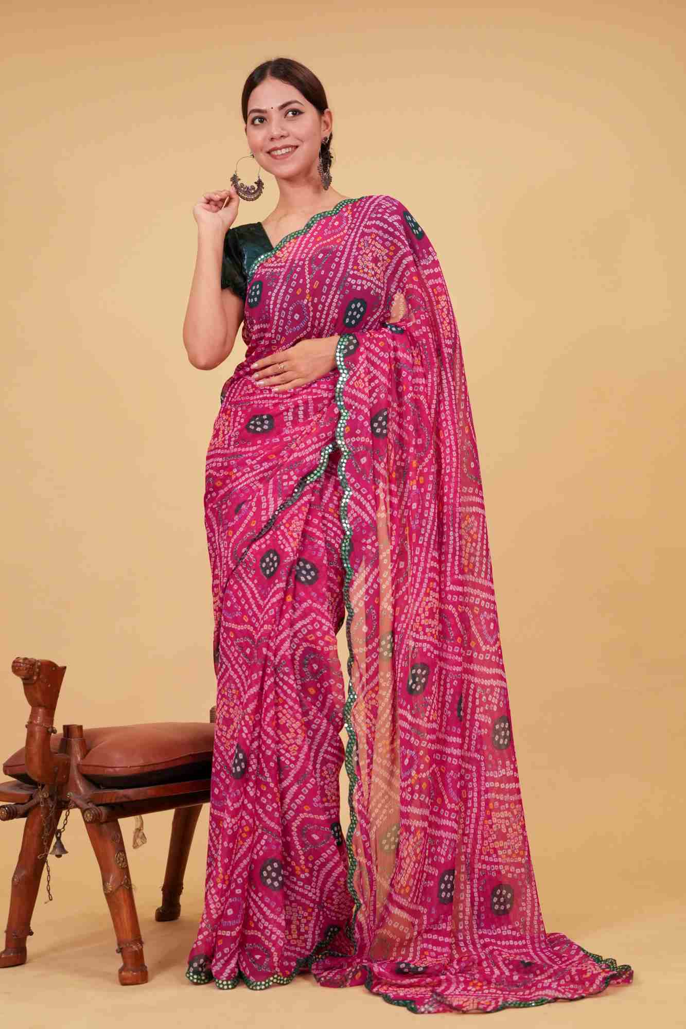 Bandhani Printed Chiffon With Mirror Work Green Scalloped  Border Wrap in 1 Minute Saree.