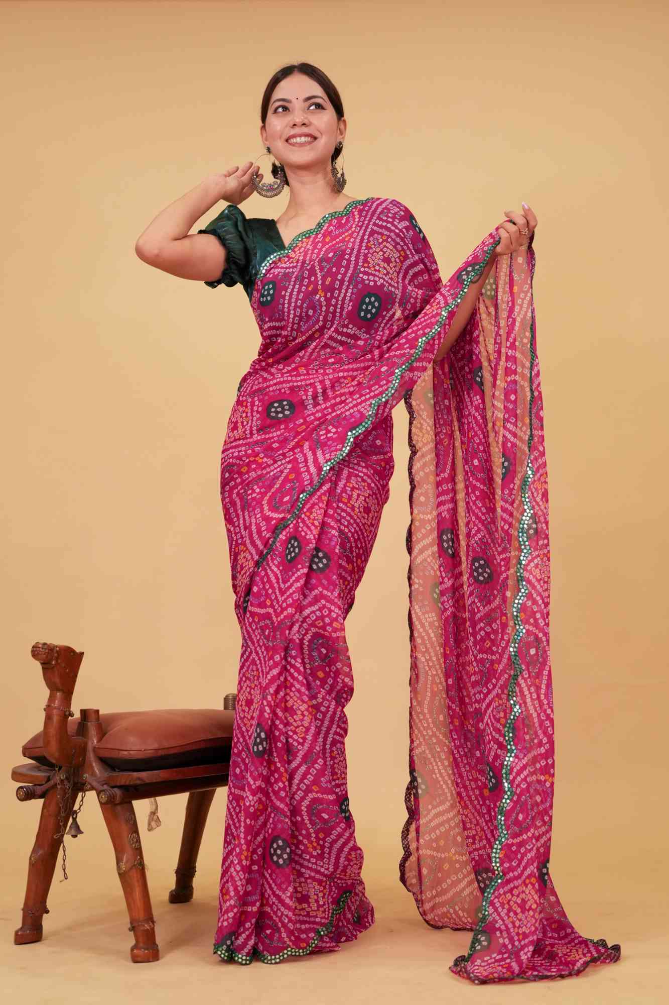 Bandhani Printed Chiffon With Mirror Work Green Scalloped  Border Wrap in 1 Minute Saree.