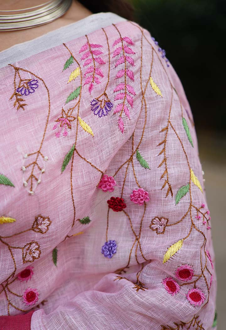 Beautiful Pink Handwoven Linen Handloom Intricate Combination of  Hand embroidered Ready To Wear Saree