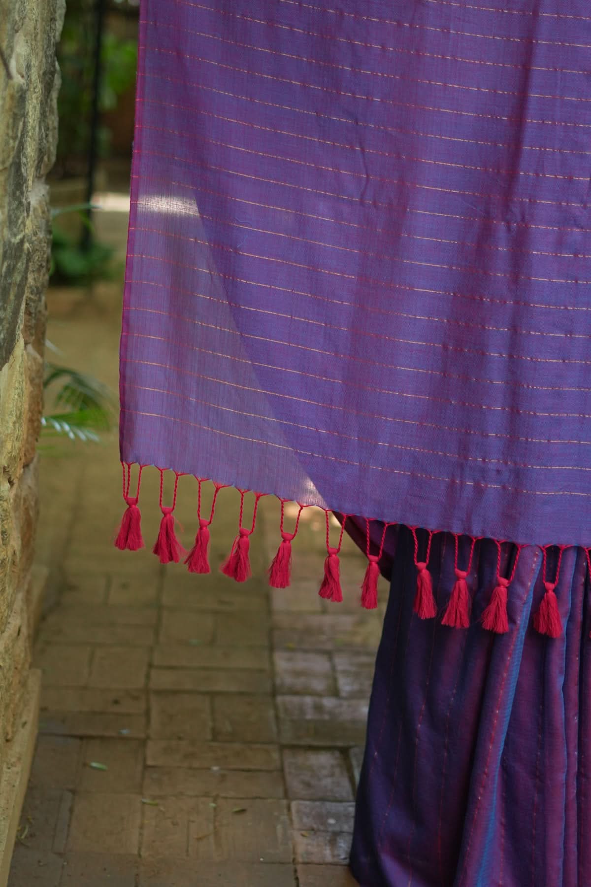 Reversible Maheshwari Saree in Mercerised Cotton with Extra Long tassles in Purple, no blouse Piece | Shobitam