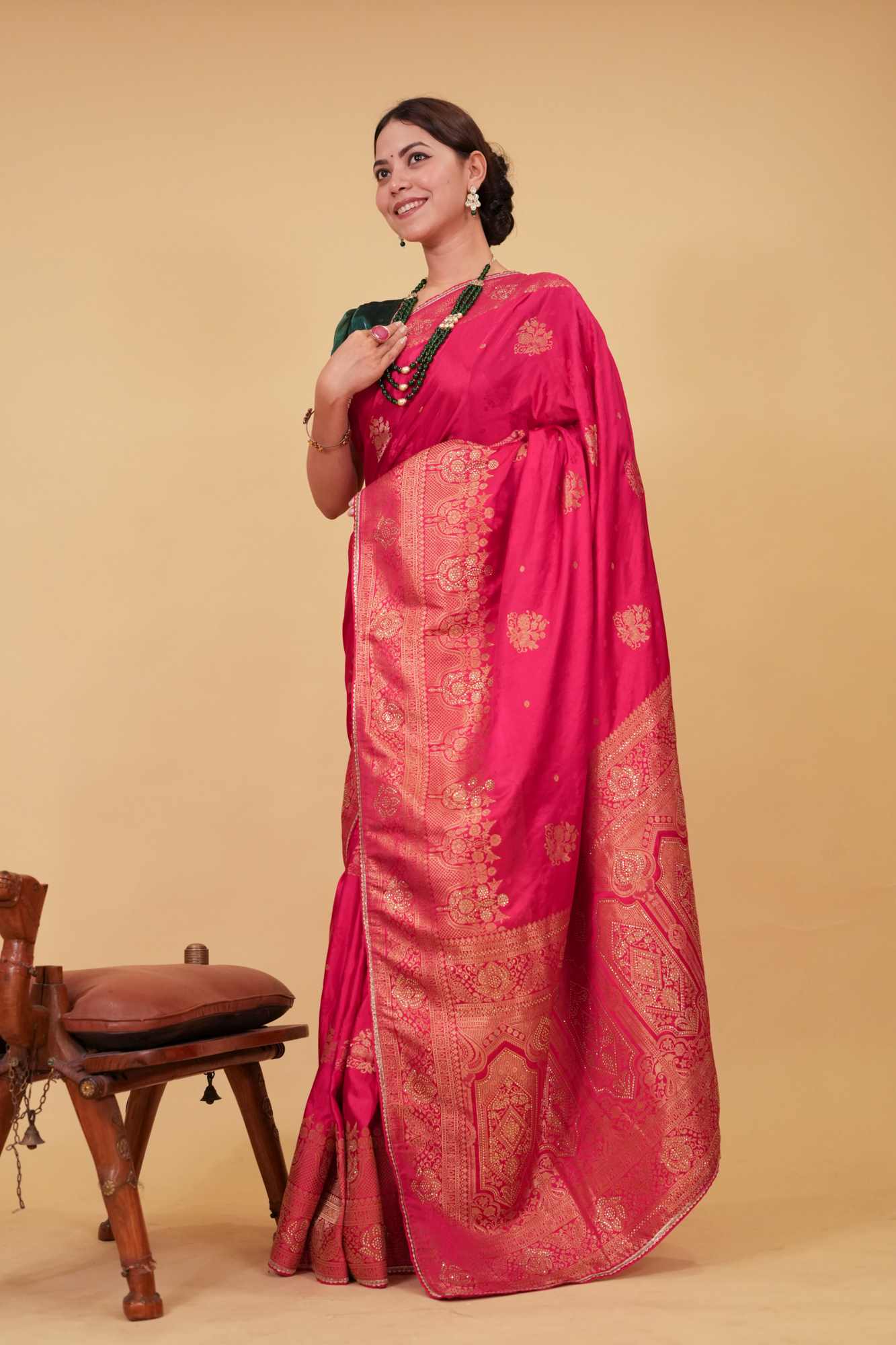 Soft Silk Satin With Zari Floral Motif Woven & Stone Embellished Wrap In ONe Minute Saree