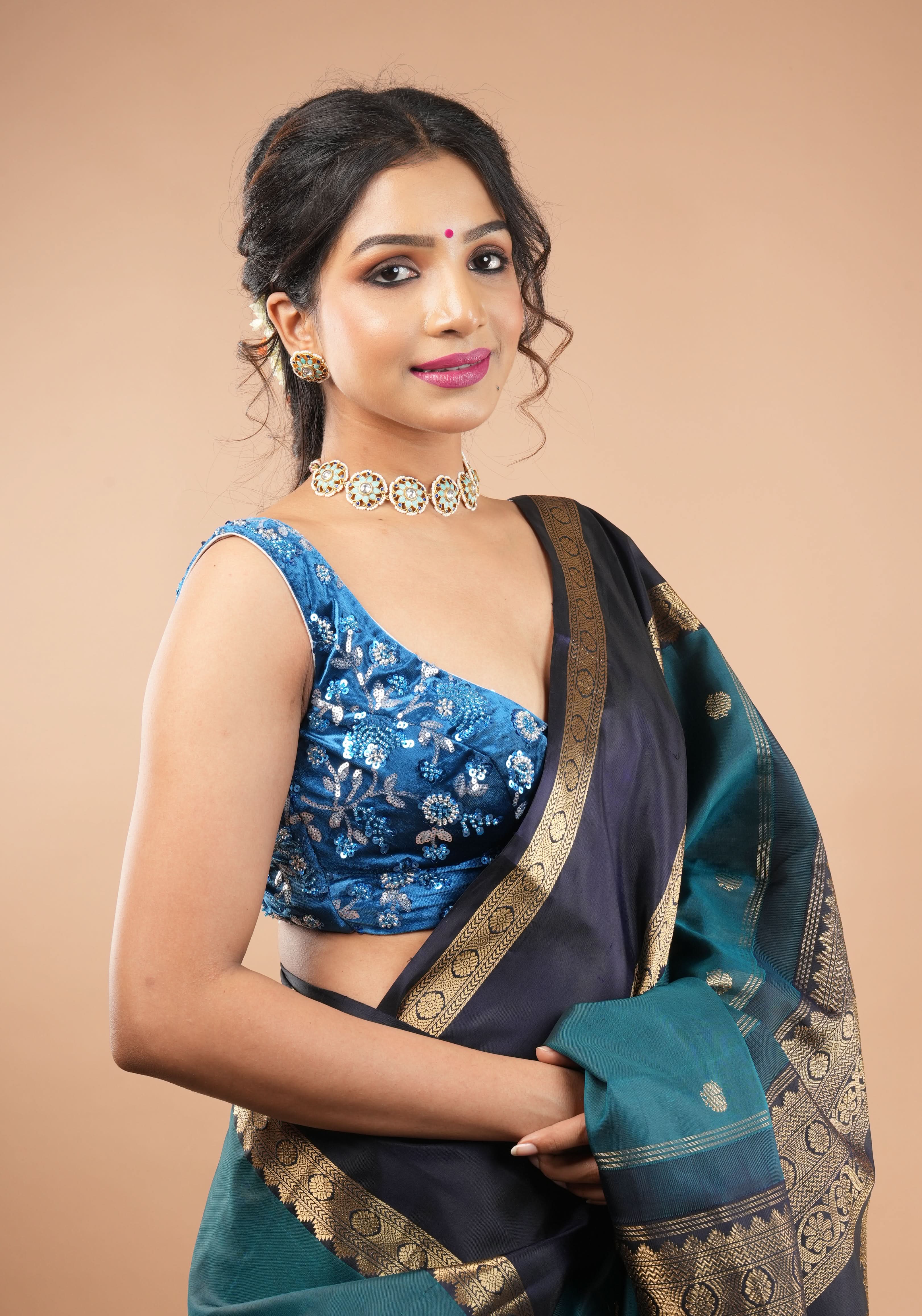 Cobalt Blue Velvet floral embroidery and  sequins sleeveless blouse with blue dangling beads at the back | Shobitam