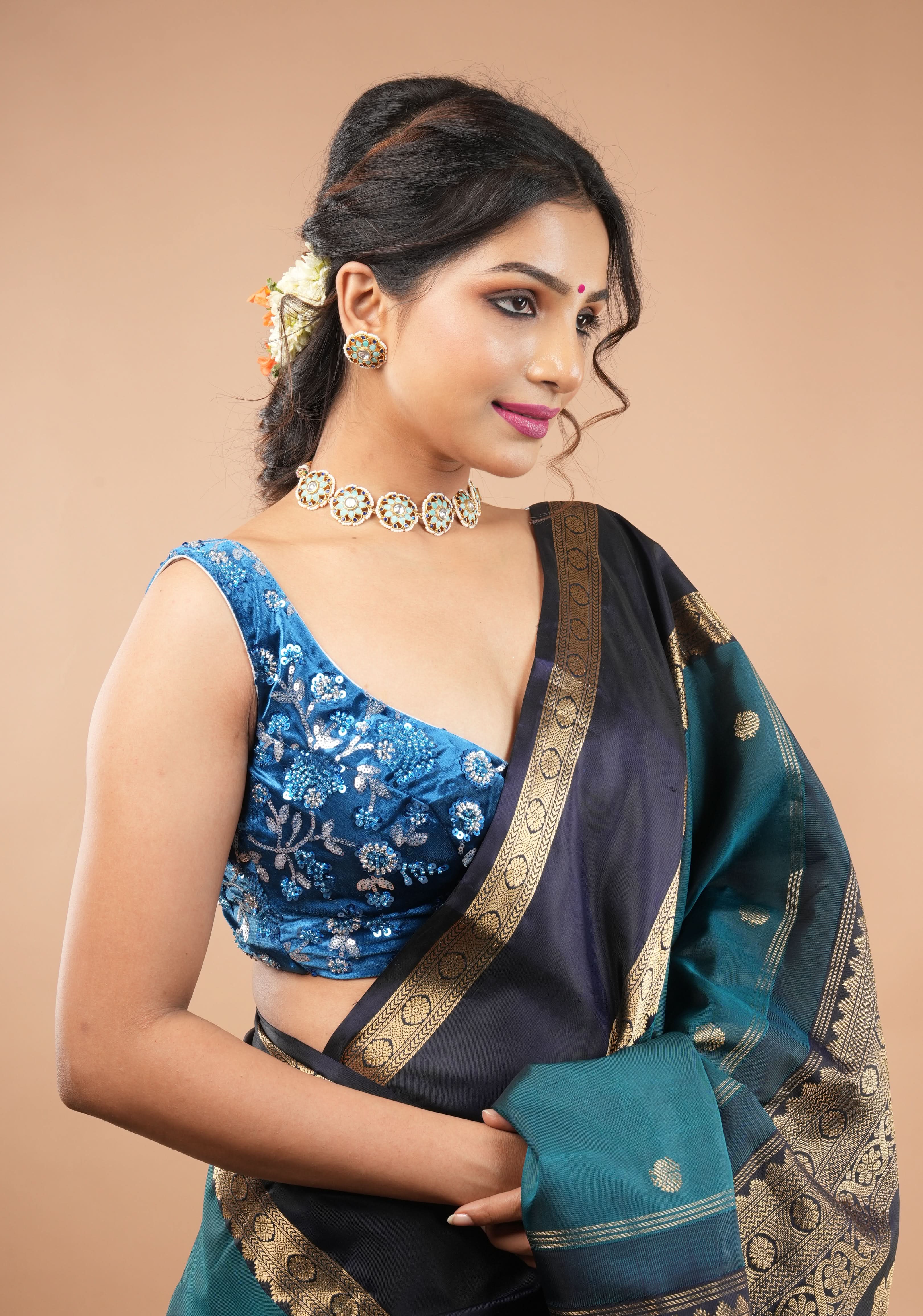 Cobalt Blue Velvet floral embroidery and  sequins sleeveless blouse with blue dangling beads at the back | Shobitam