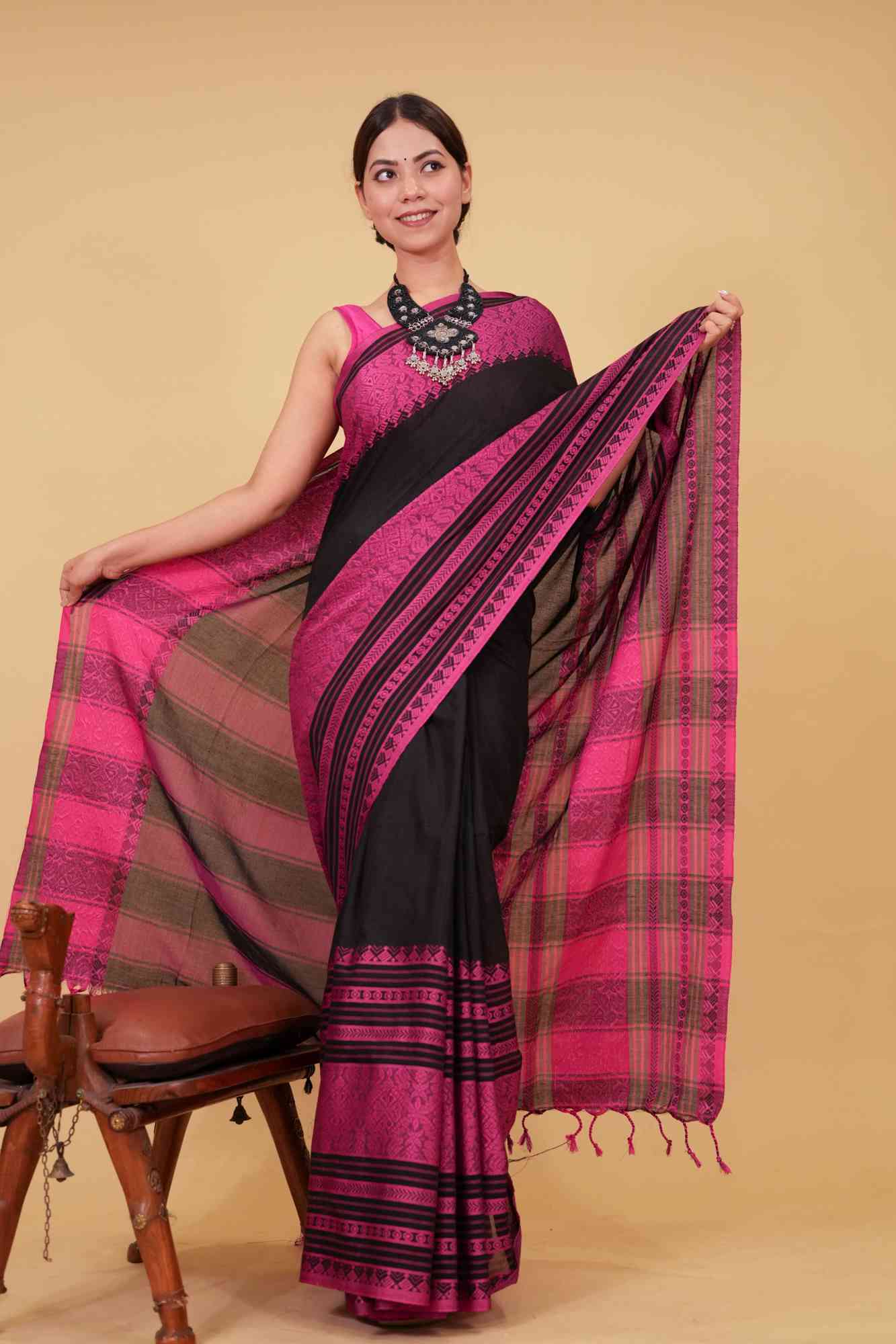 Classy Black With Pink Thread pure cotton begampuri woven wrap in 1 minute saree