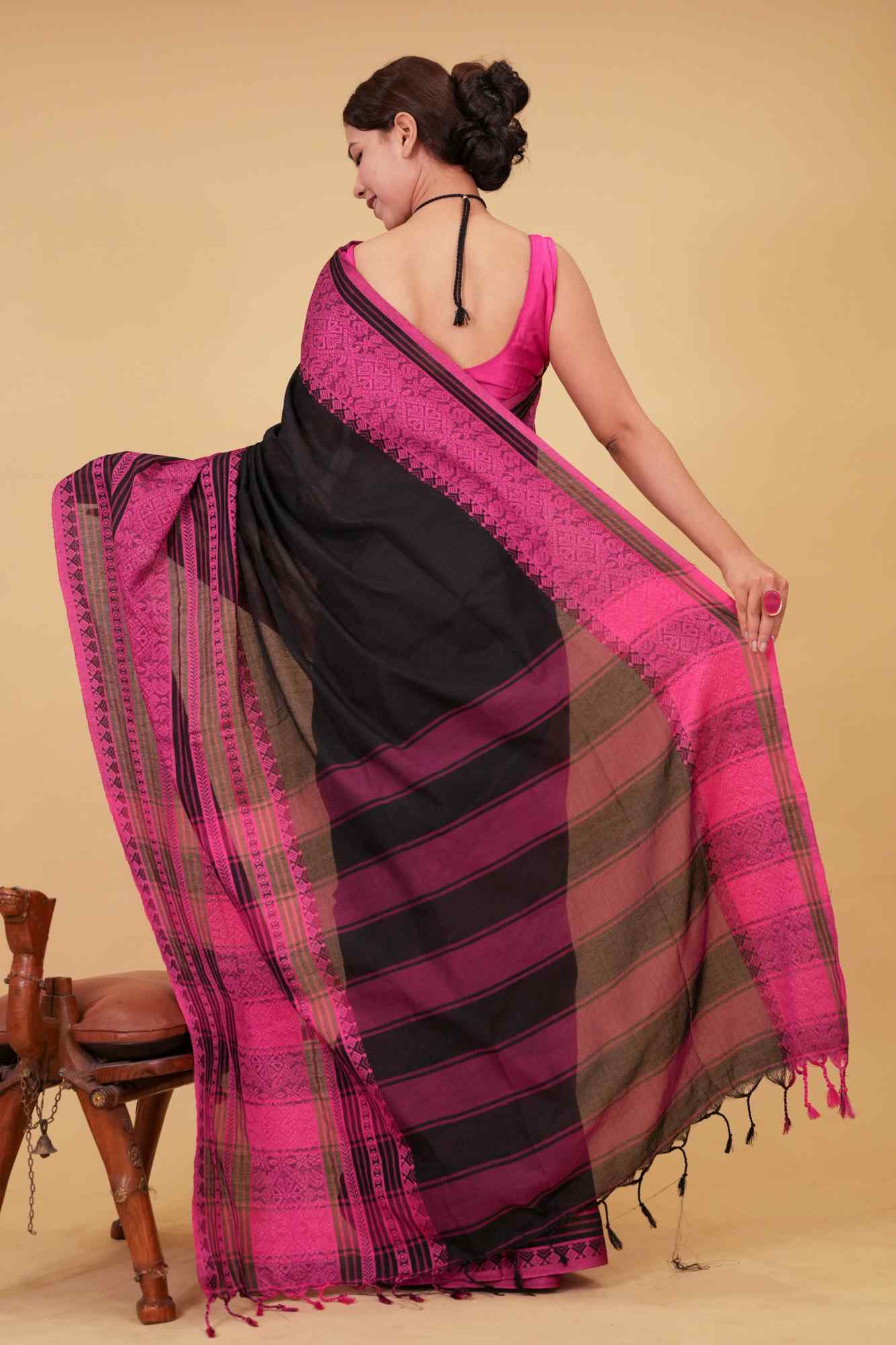 Classy Black With Pink Thread pure cotton begampuri woven wrap in 1 minute saree