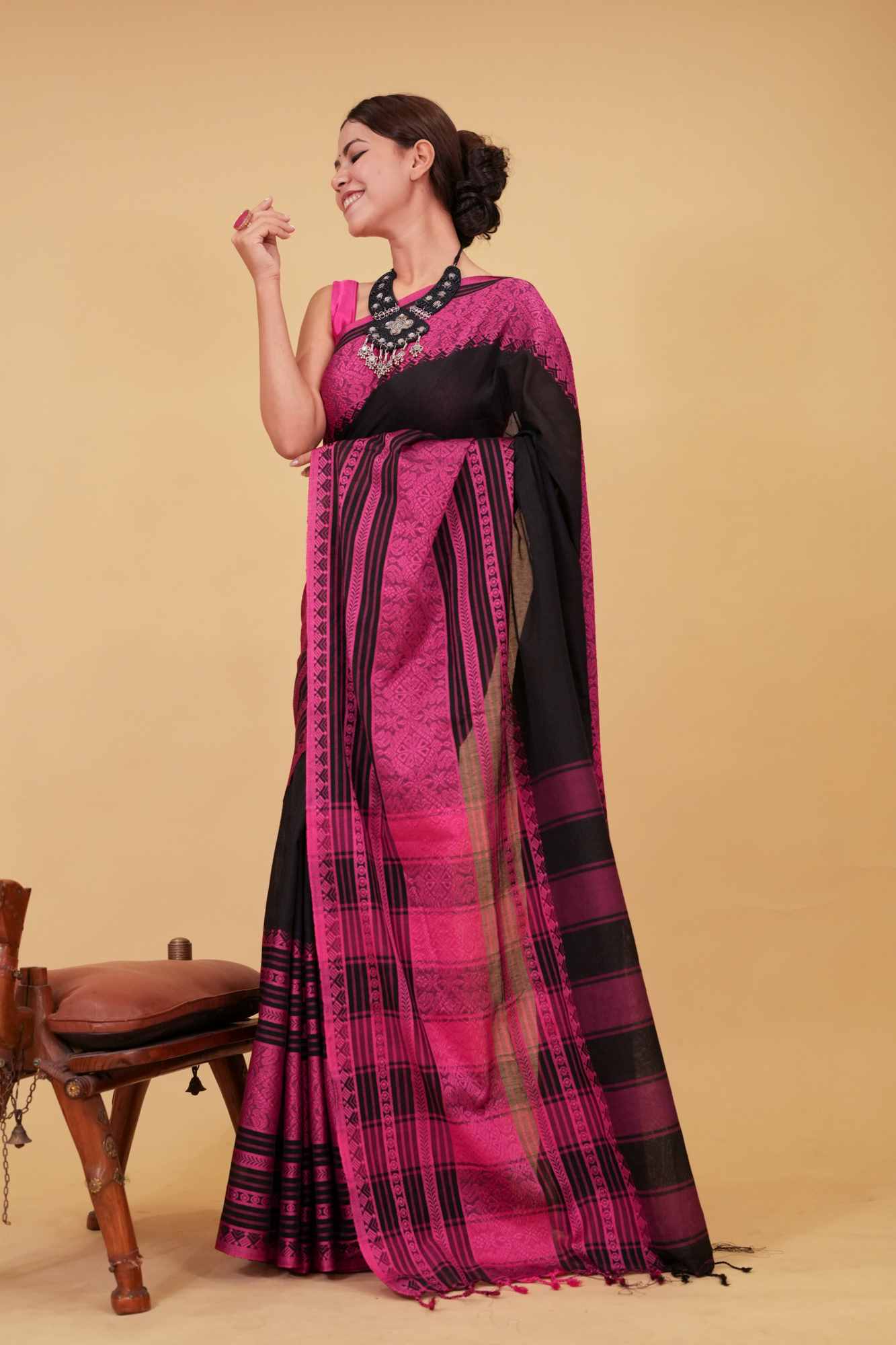 Classy Black With Pink Thread pure cotton begampuri woven wrap in 1 minute saree