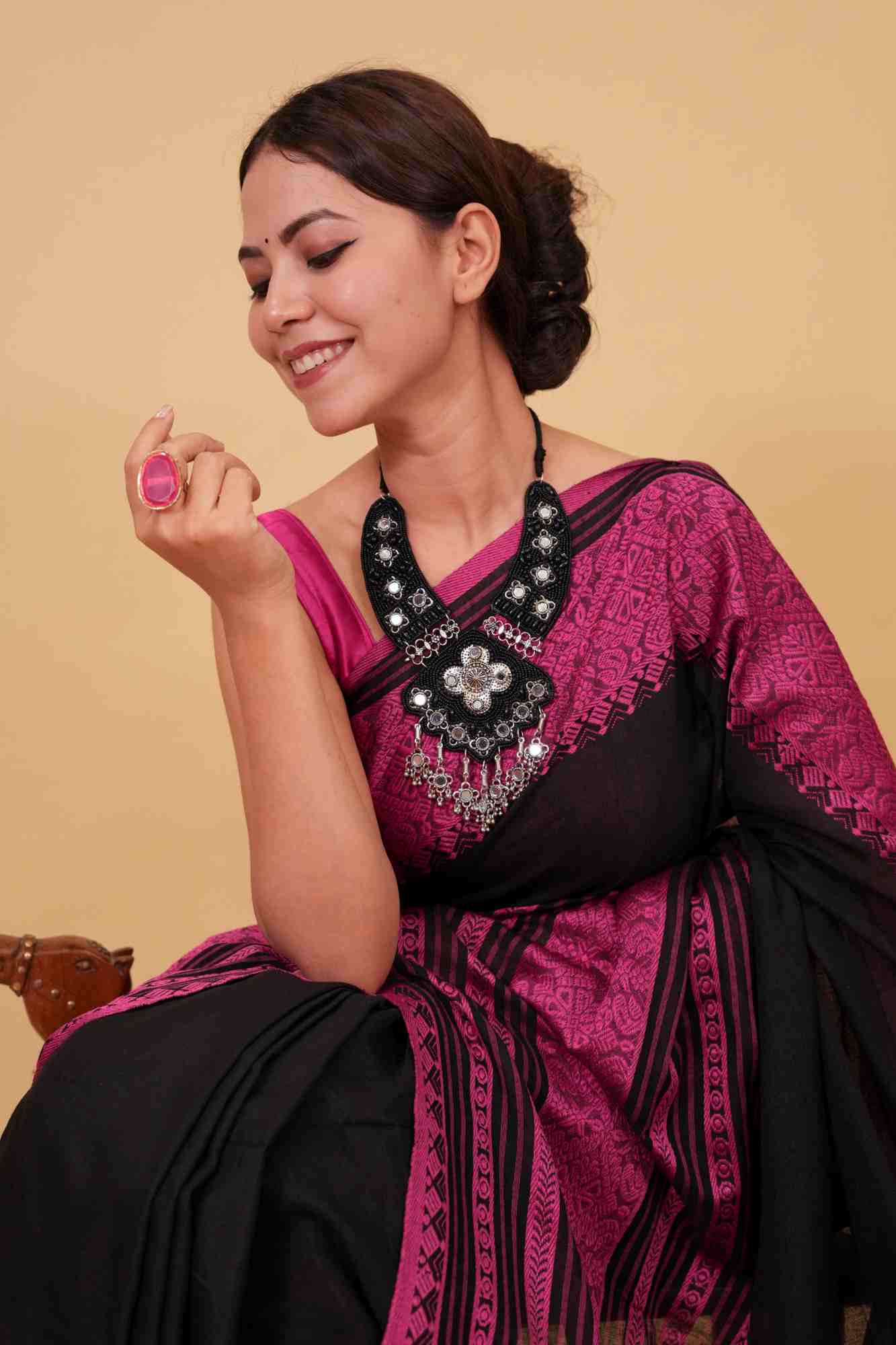 Classy Black With Pink Thread pure cotton begampuri woven wrap in 1 minute saree