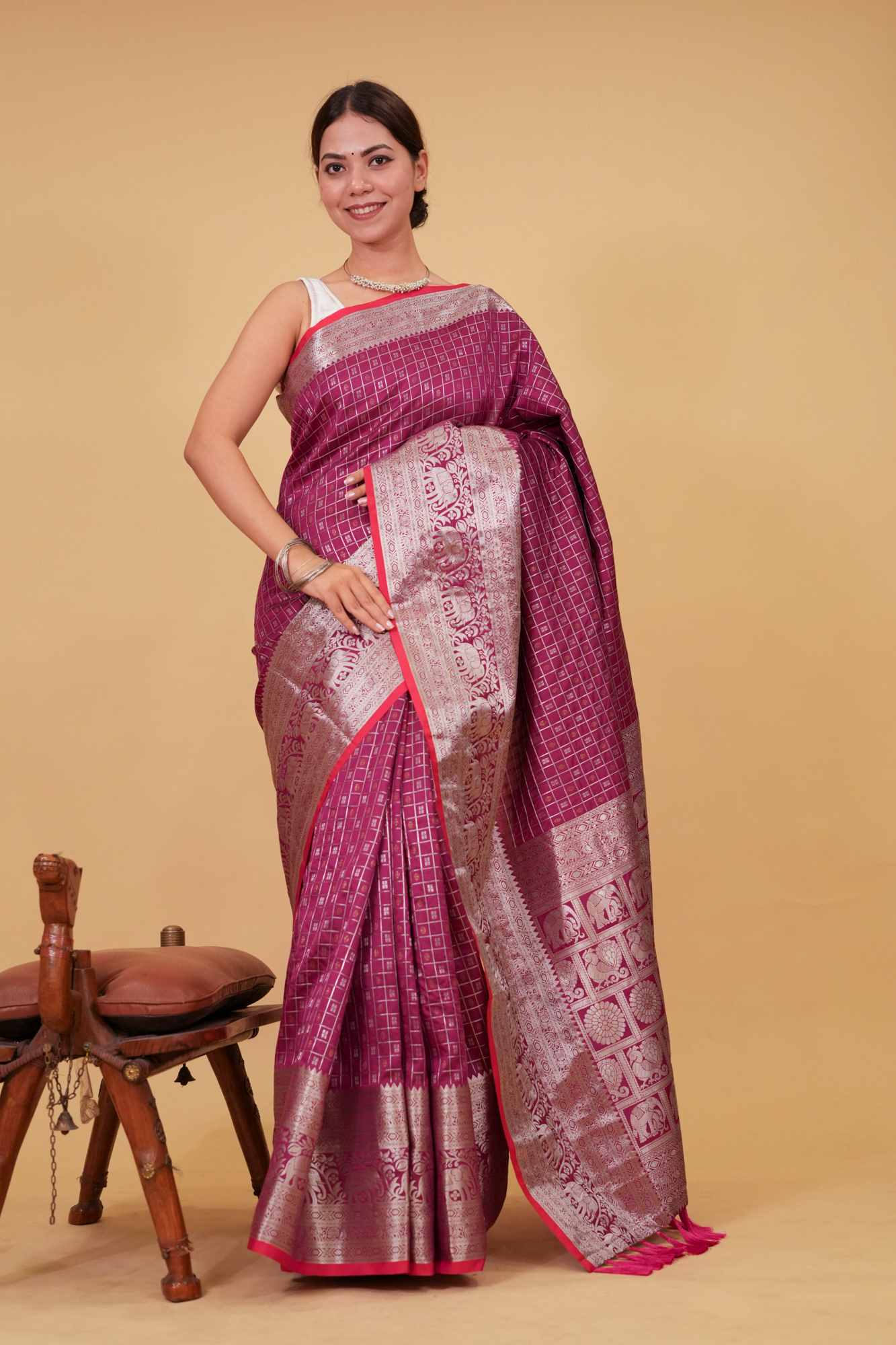 Festive Kanjeevaram Zari Border With Butta Overall And Tassels On Pallu Wrap in 1 minute saree