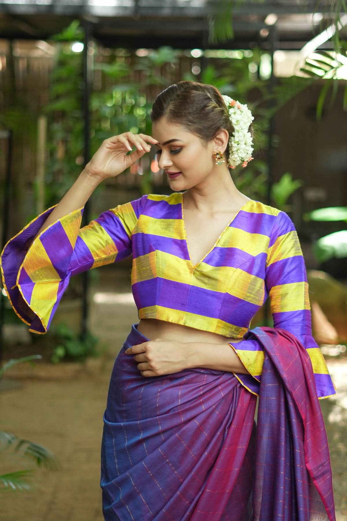 Yellow purple bold stripes design  pure raw silk V neck blouse with bell sleeves | Shobitam
