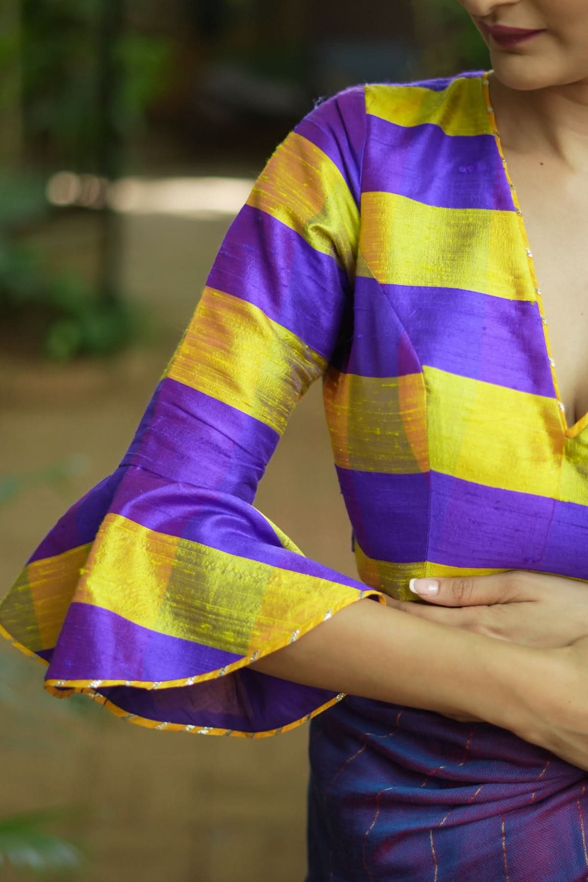 Yellow purple bold stripes design  pure raw silk V neck blouse with bell sleeves | Shobitam