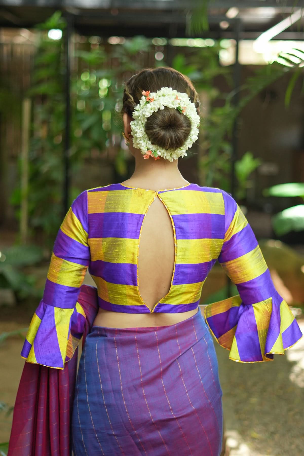 Yellow purple bold stripes design  pure raw silk V neck blouse with bell sleeves | Shobitam