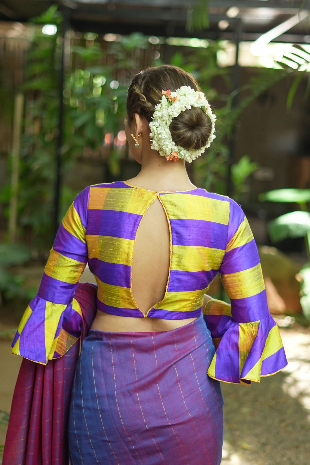 Yellow purple bold stripes design  pure raw silk V neck blouse with bell sleeves | Shobitam