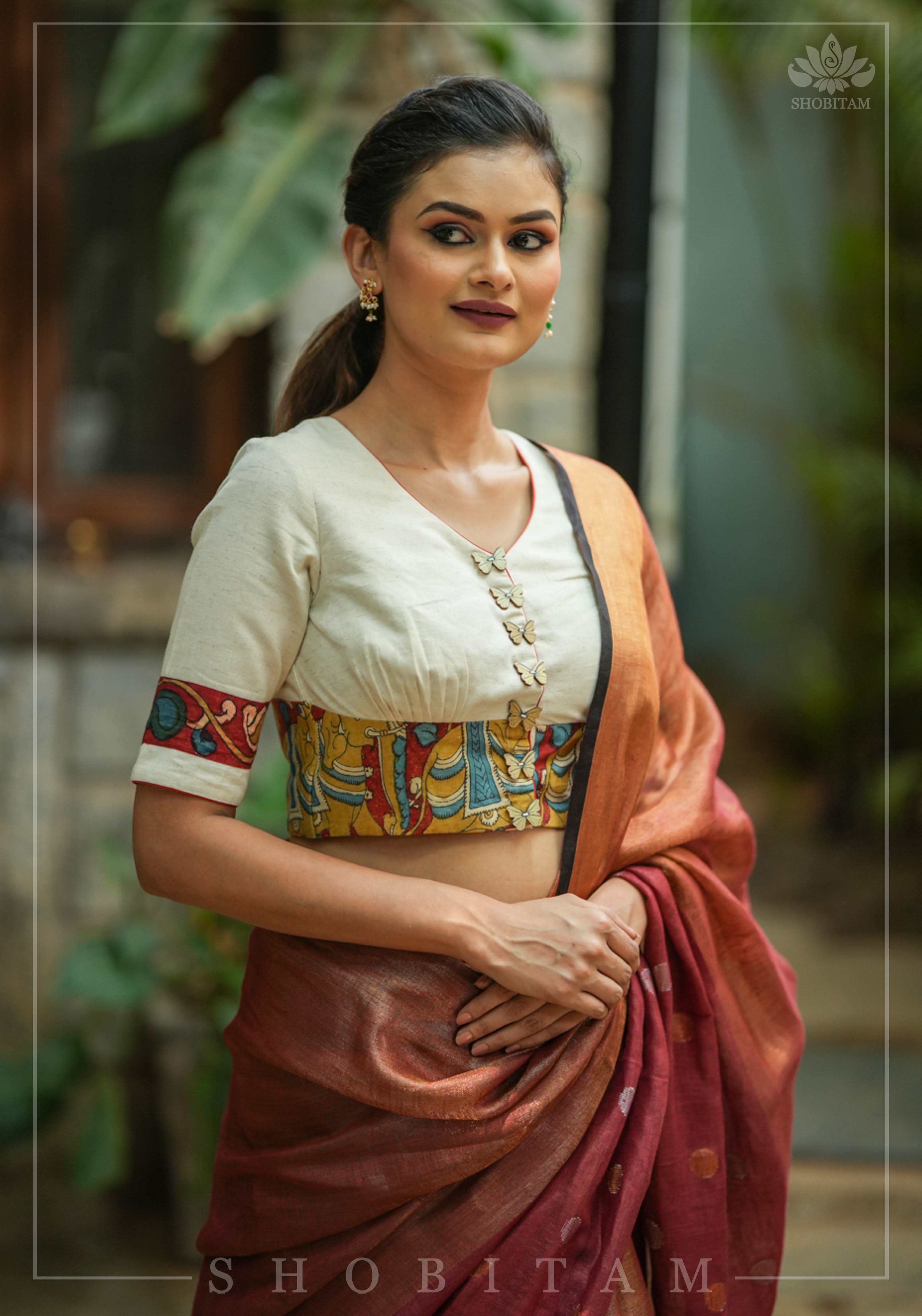 Daisy white V neck blouse with handpainted kalamkari border | Shobitam