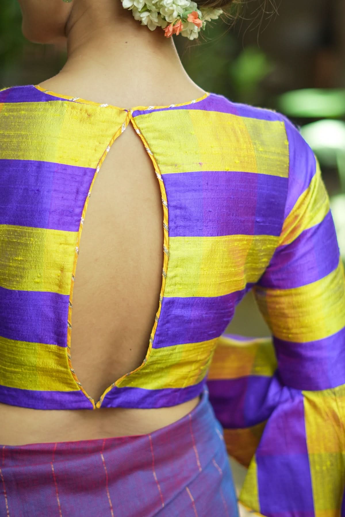 Yellow purple bold stripes design  pure raw silk V neck blouse with bell sleeves | Shobitam