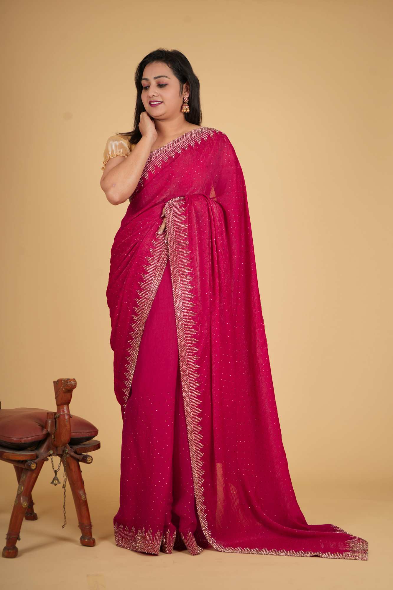 Pink Toned Soft Chiffon Silk With Stone Embellished Overall And Detail Border Pre Drape Saree