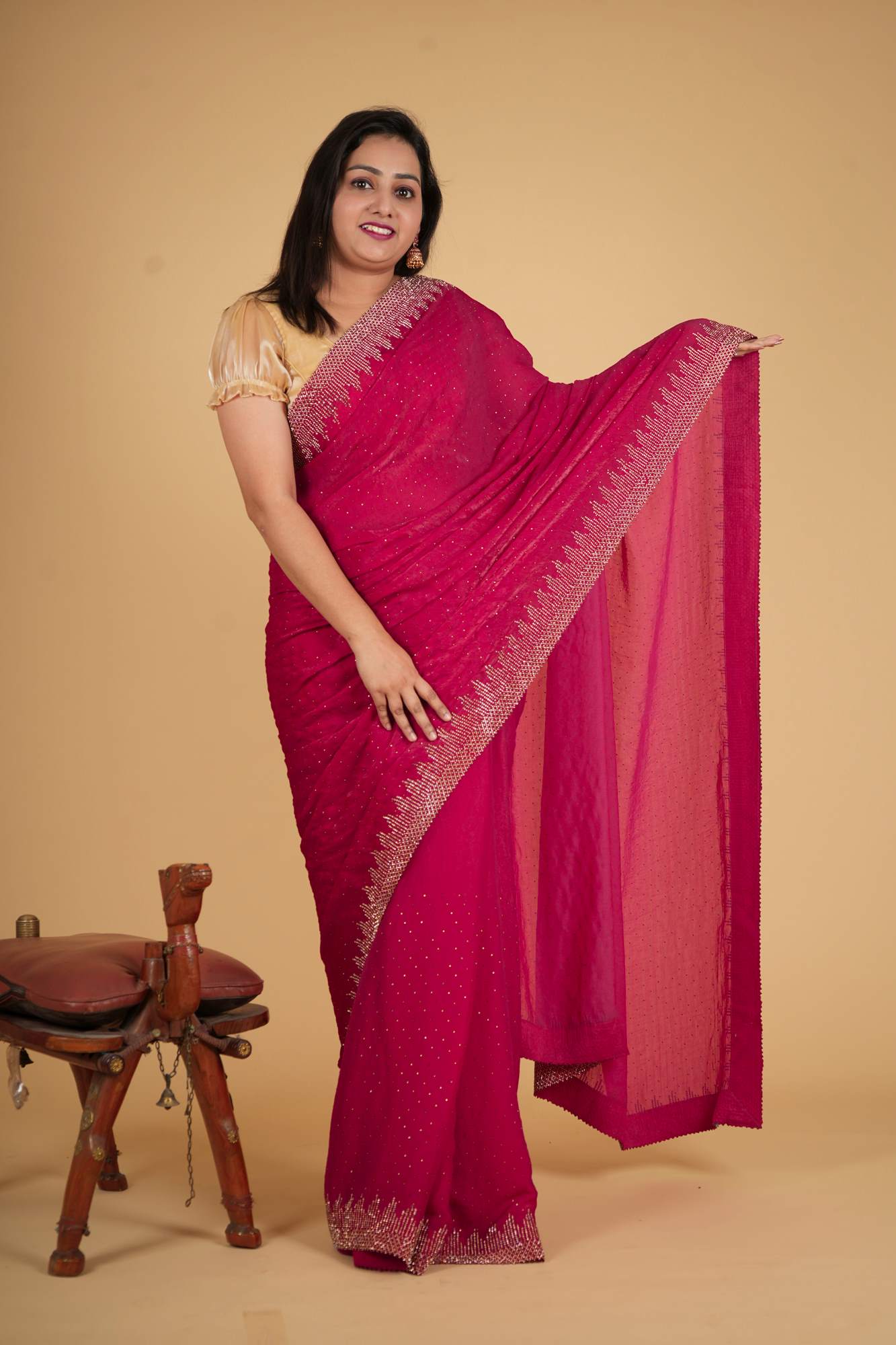 Pink Toned Soft Chiffon Silk With Stone Embellished Overall And Detail Border Pre Drape Saree